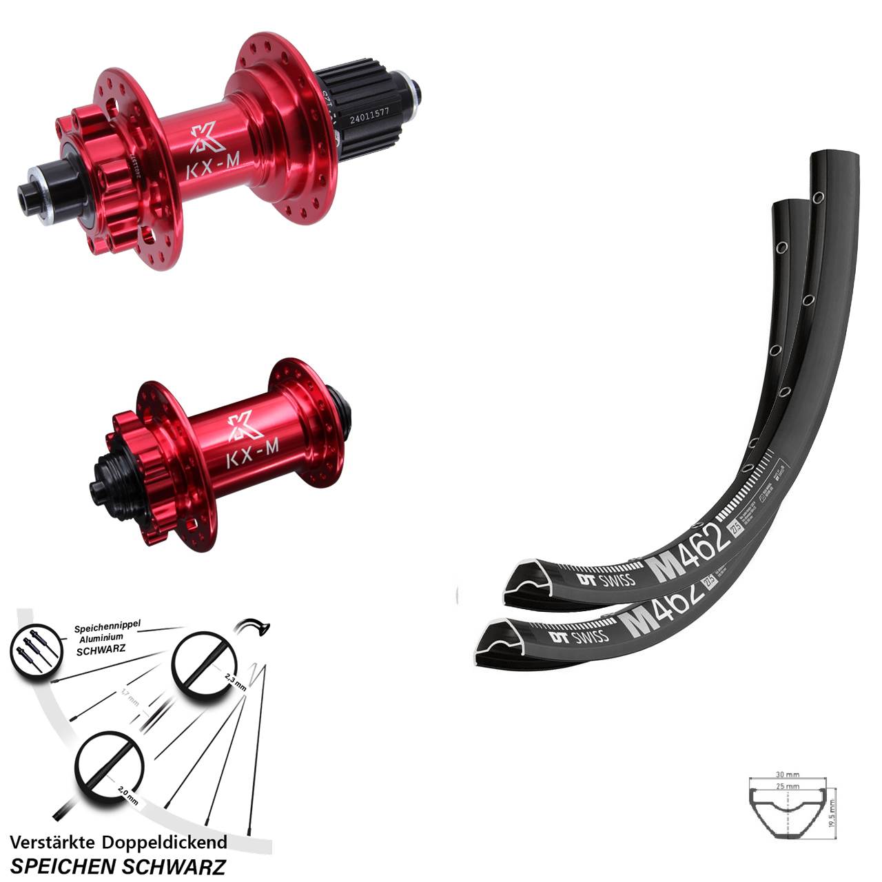 DT Swiss M462 KX-M rot 27,5 Zoll 6-Loch Laufradsatz QR Shimano Micro Spline