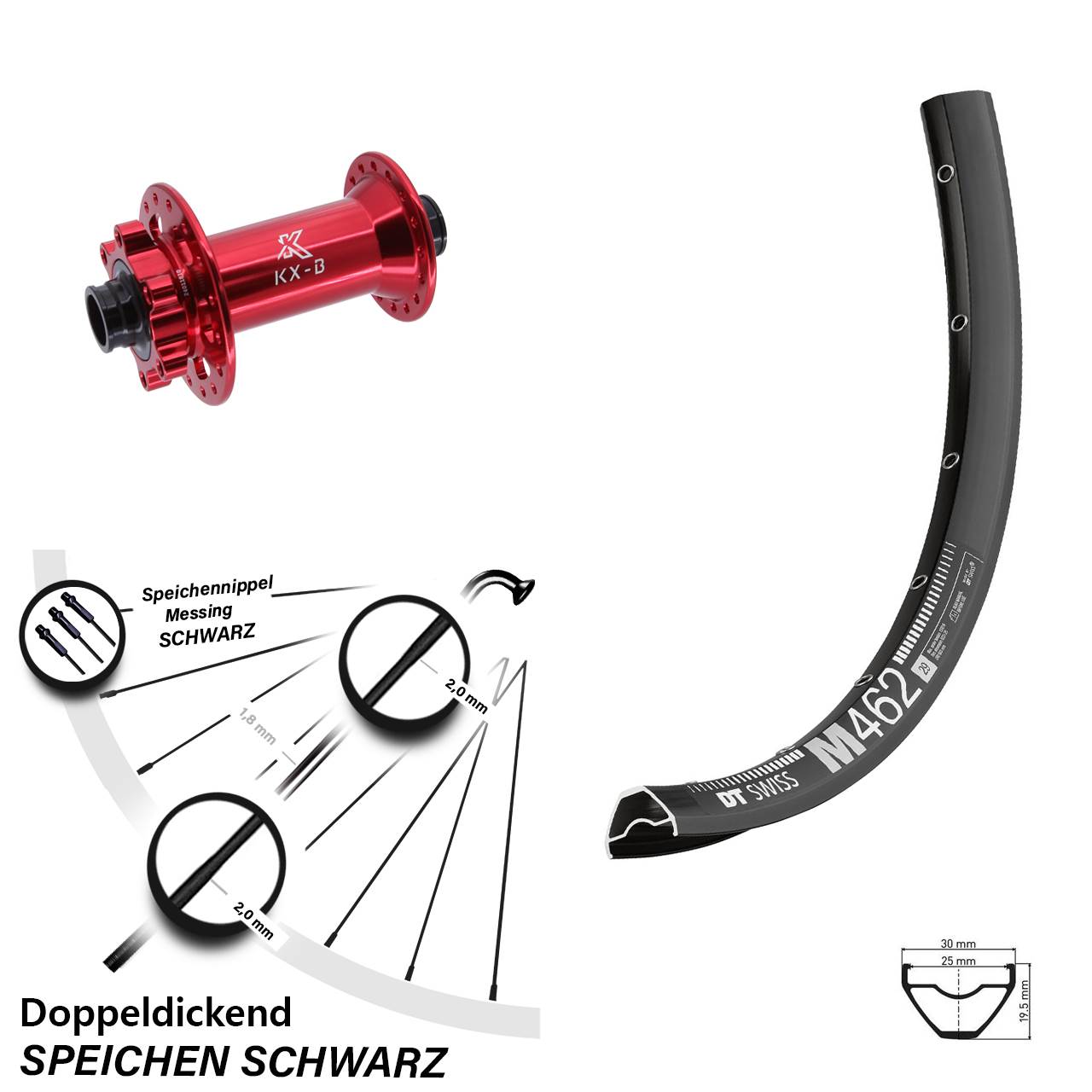 Boost Vorderrad 6-Loch 15x110 27,5 Zoll DT Swiss M462 KX-B rot