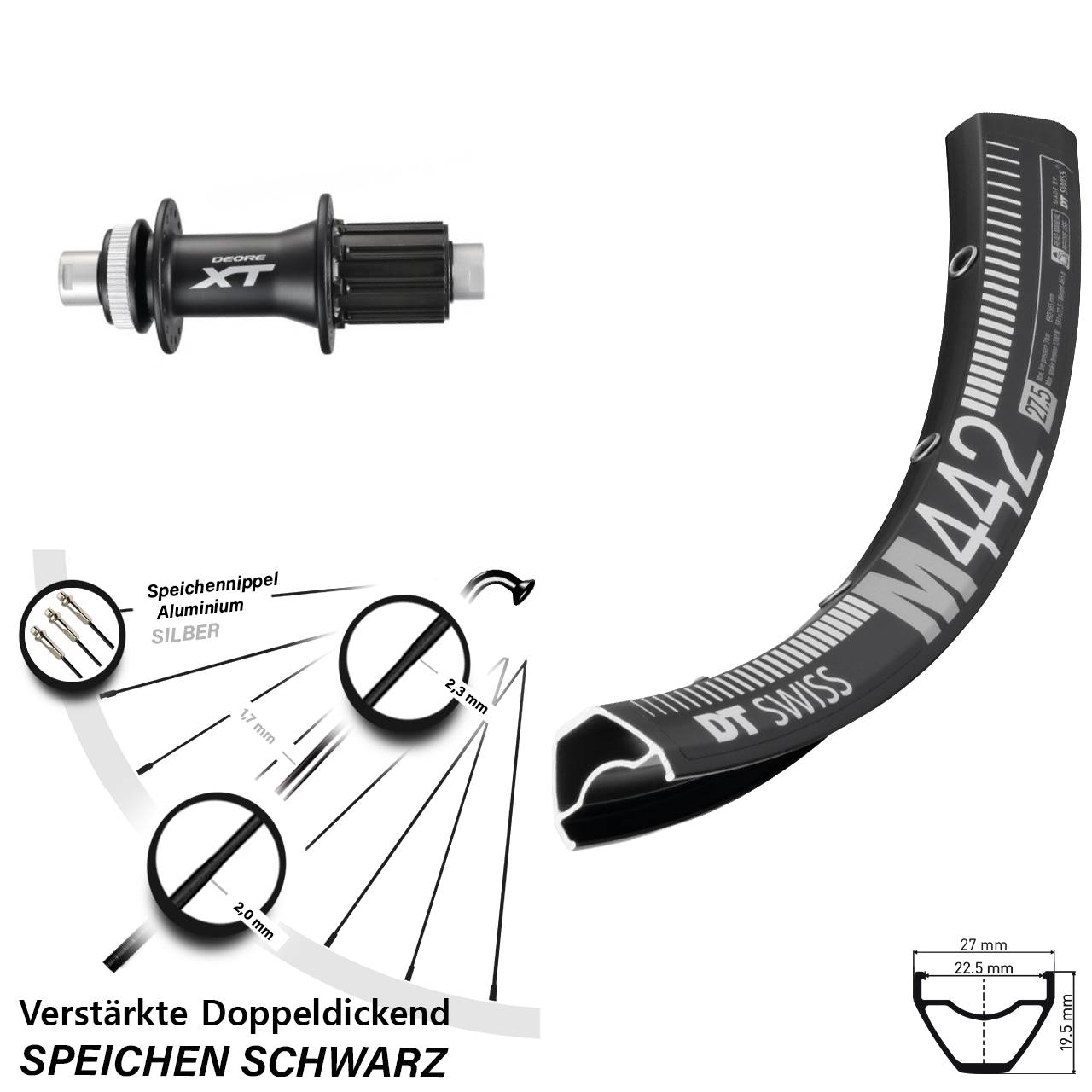 Disc Hinterrad 12x142 28 Zoll DT Swiss M442 Shimano XT FH-M788 8-11 fach HG
