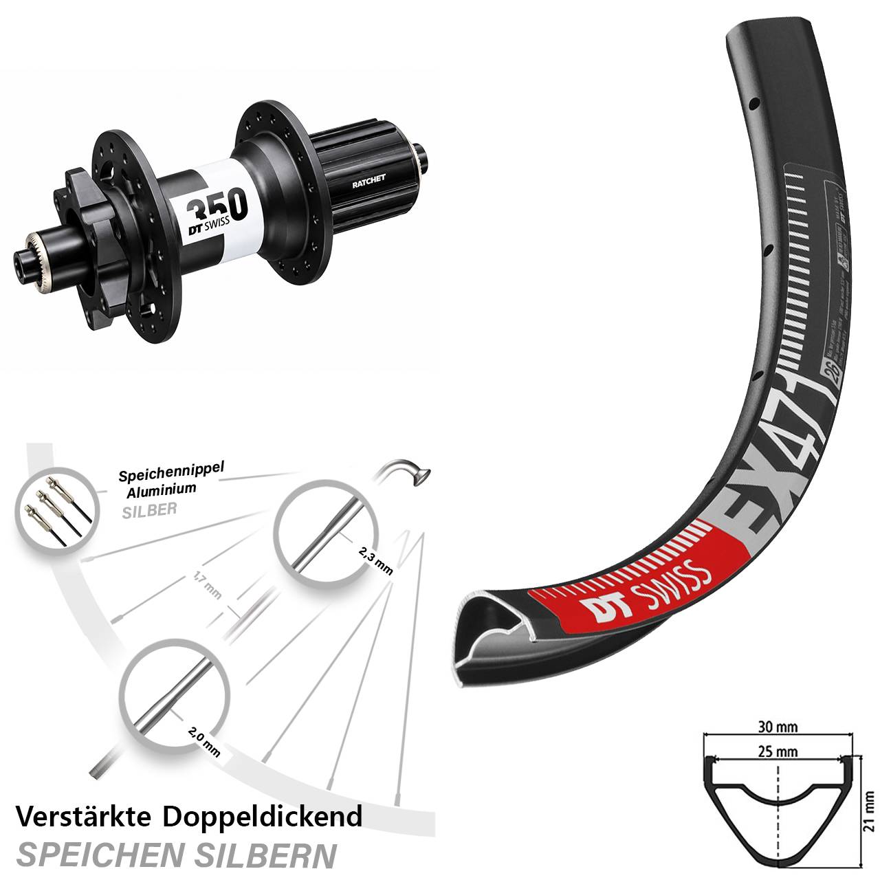 DT Swiss EX 471-350 Ratchet 36 29 Zoll Hinterrad 6-Loch QR 8-11 fach