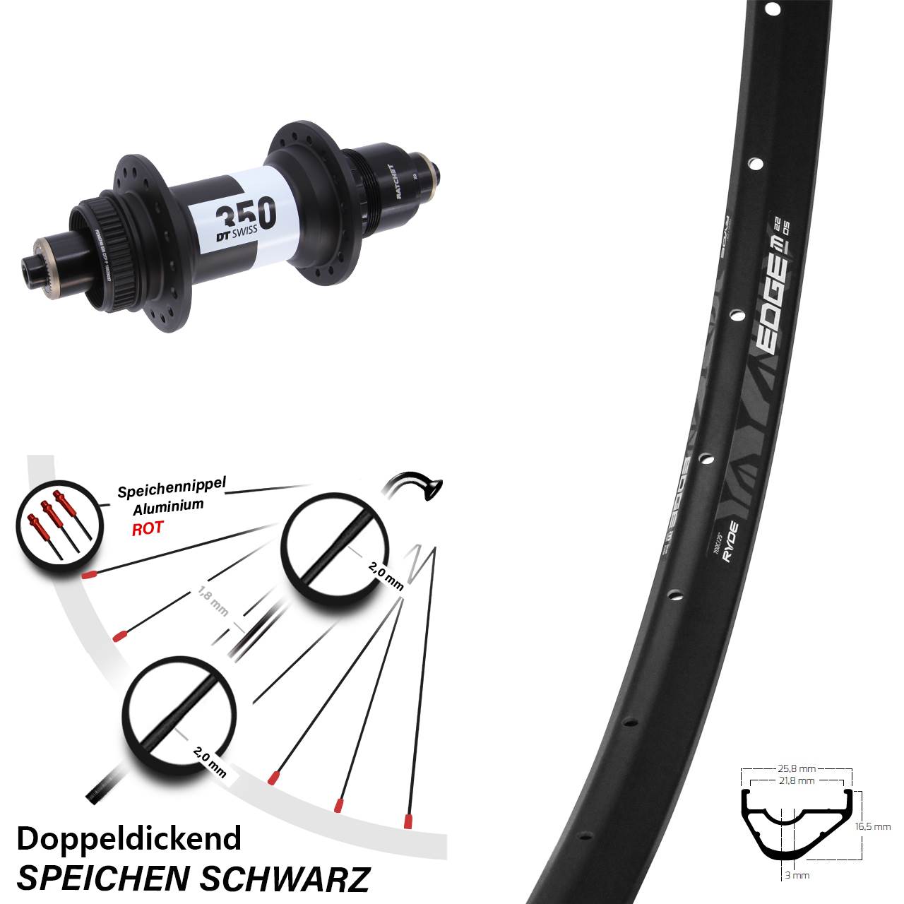 Ryde Edge M22 OS DT Swiss 350 28 Zoll Hinterrad Centerlock QR XD 11-12 fach