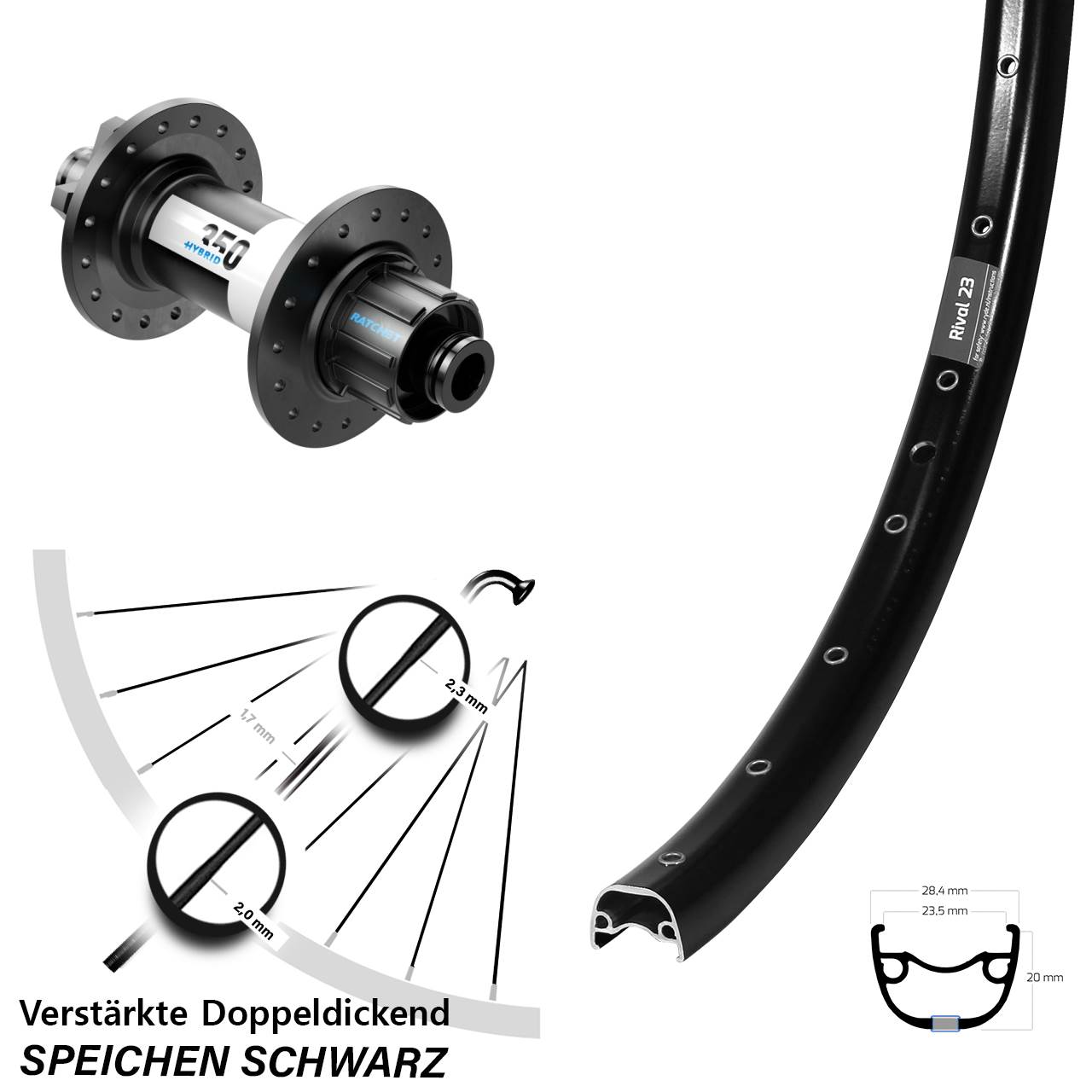 6-Loch Hinterrad 27,5 Zoll Ryde Rival 23 DT Swiss 350 Hybrid Singlespeed 12x142