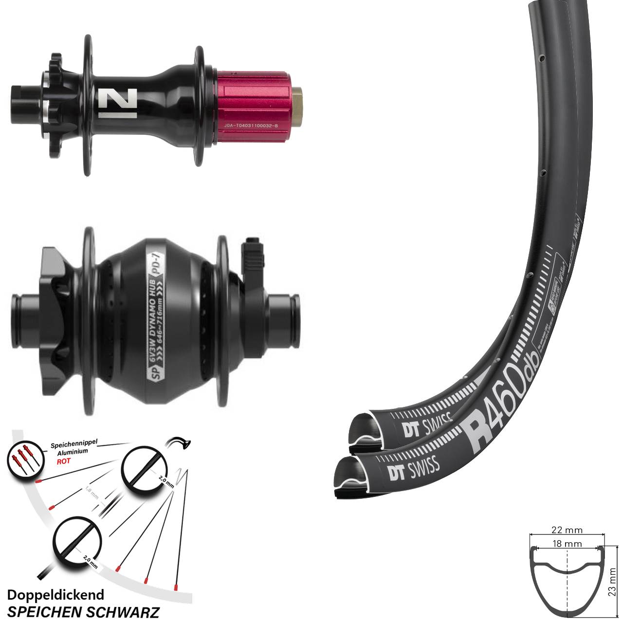 28 Zoll Laufradsatz Dynamo Road Disc Shutter PD-7 Steckachse Novatec 11-fach DT Swiss R460