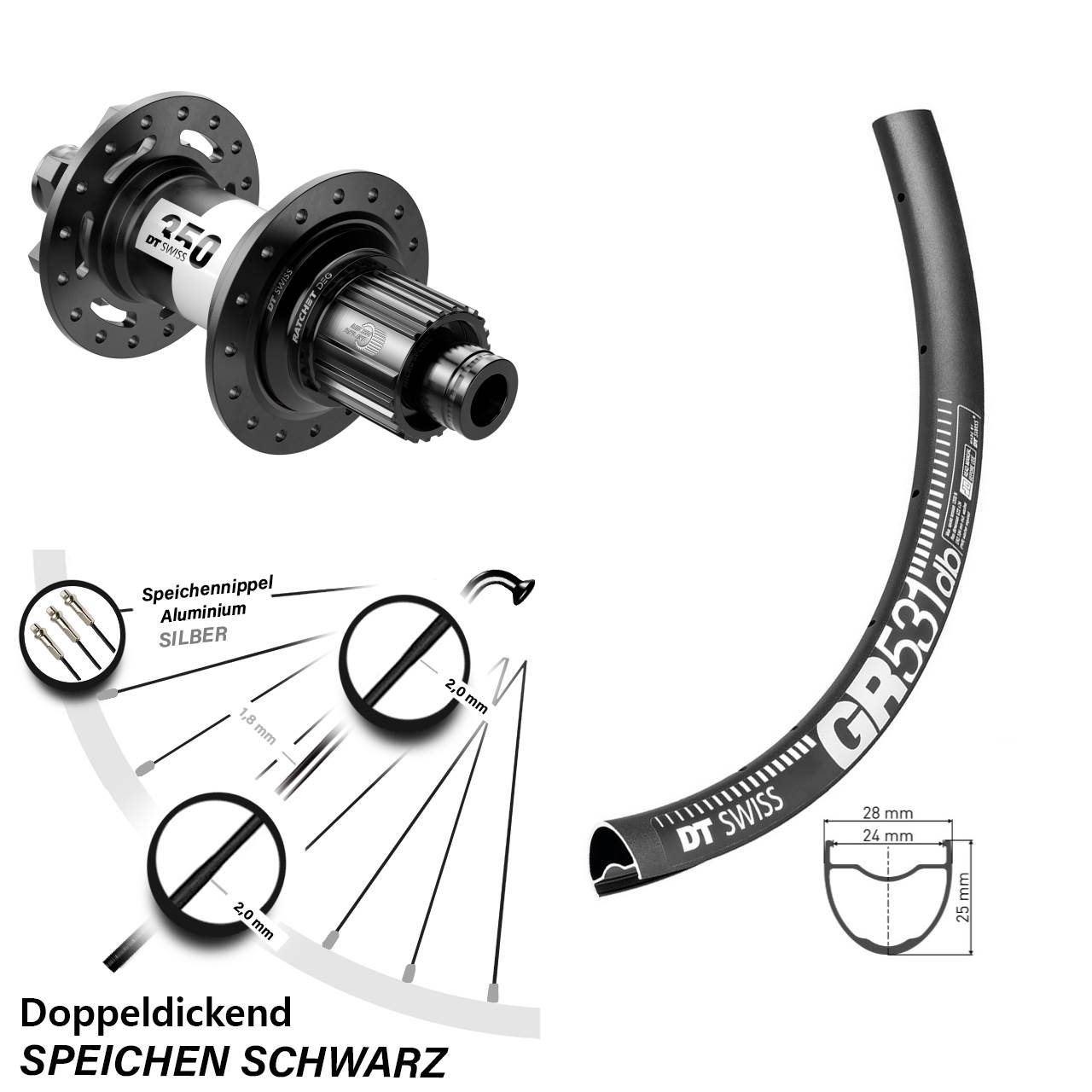 Disc Hinterrad 28-29 Zoll DT Swiss GR531 350 DEG72 Micro Spline 12x148