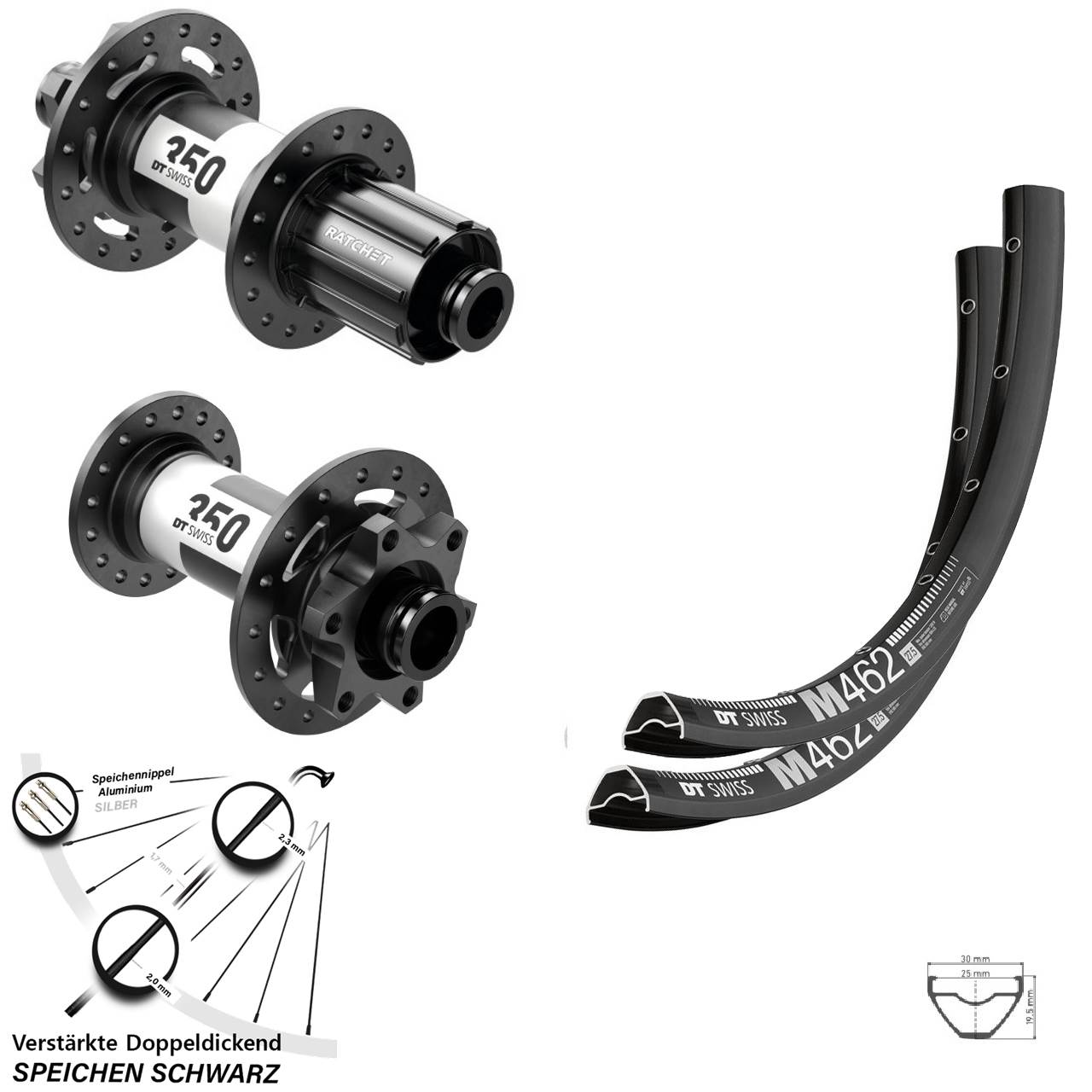 29 Zoll Laufrad-Satz 15x110 12x148 DT Swiss M 462-350 Ratchet 36 Disc 8-11 fach