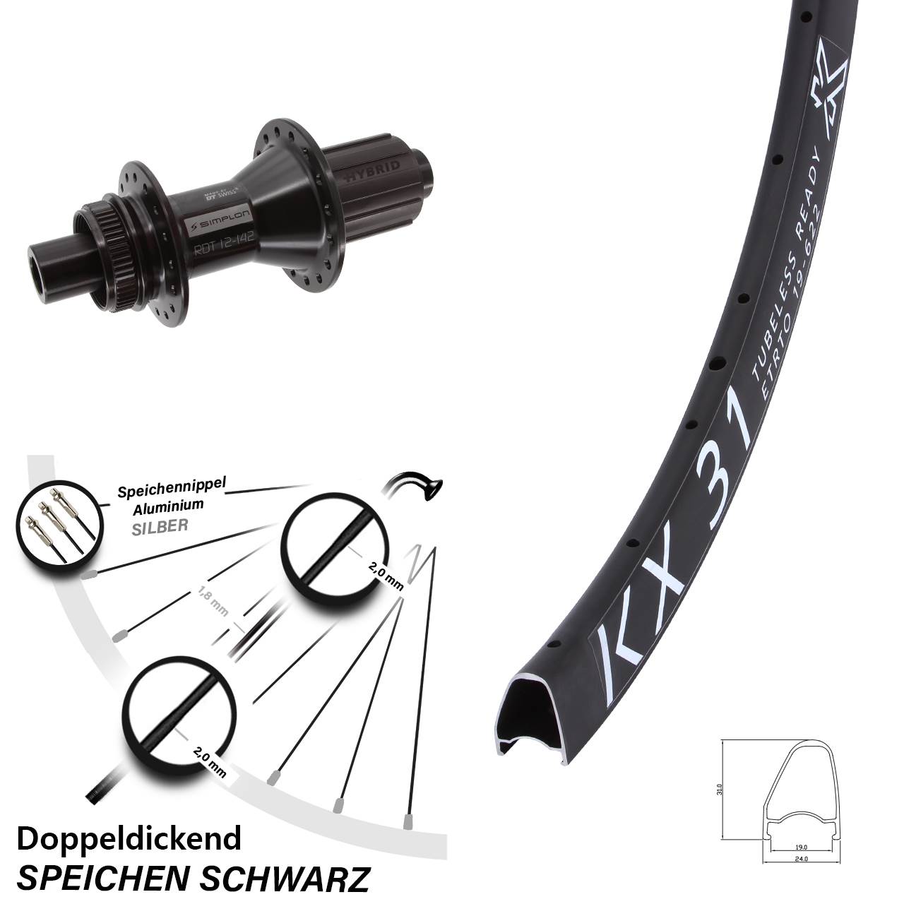 28 Zoll KX 31 DT Swiss 370 Hybrid Centerlock Hinterrad 12x142 8-11 fach