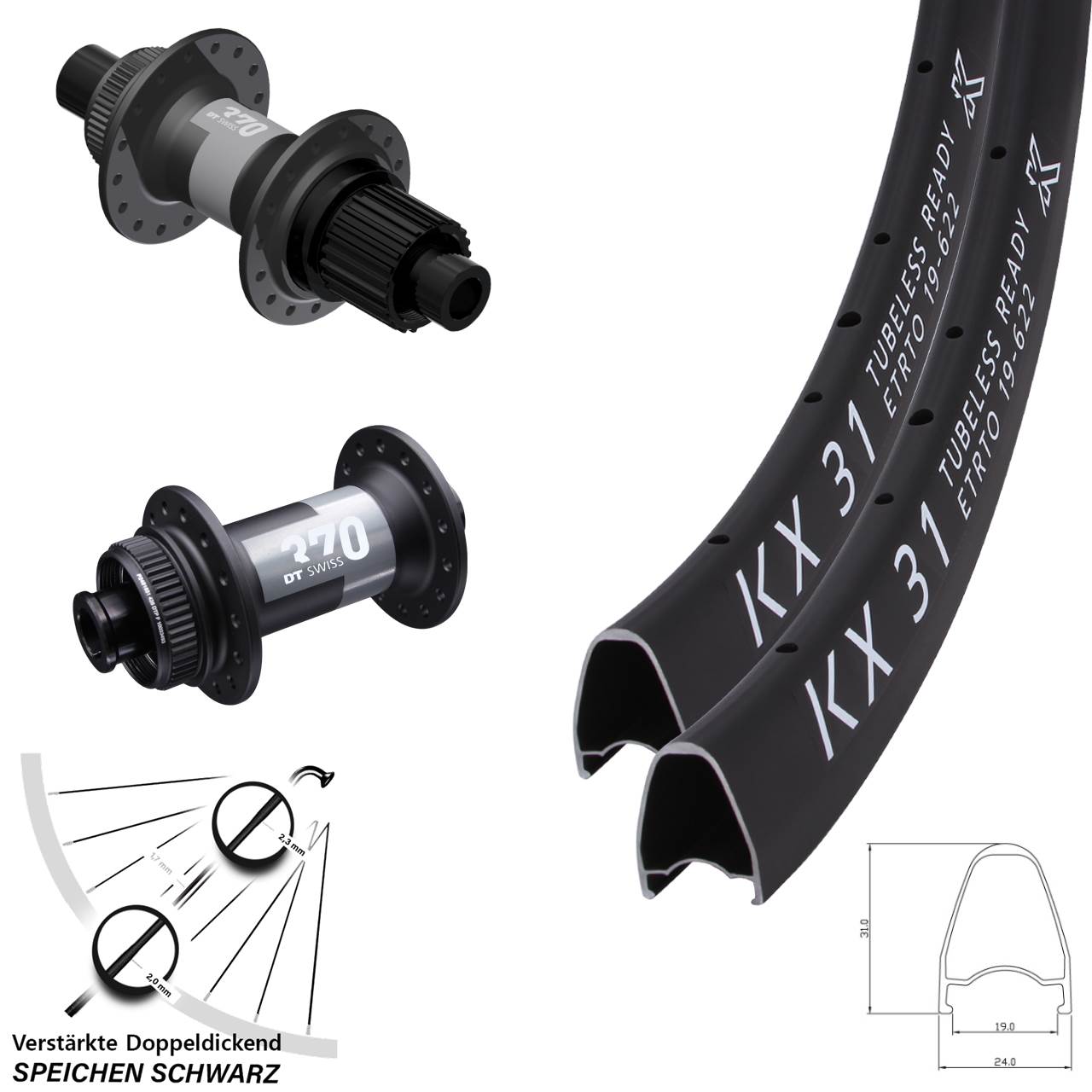 28 Zoll KX 31 DT Swiss 370 Centerlock Laufradsatz 15x100 12x142 Shimano Micro Spline
