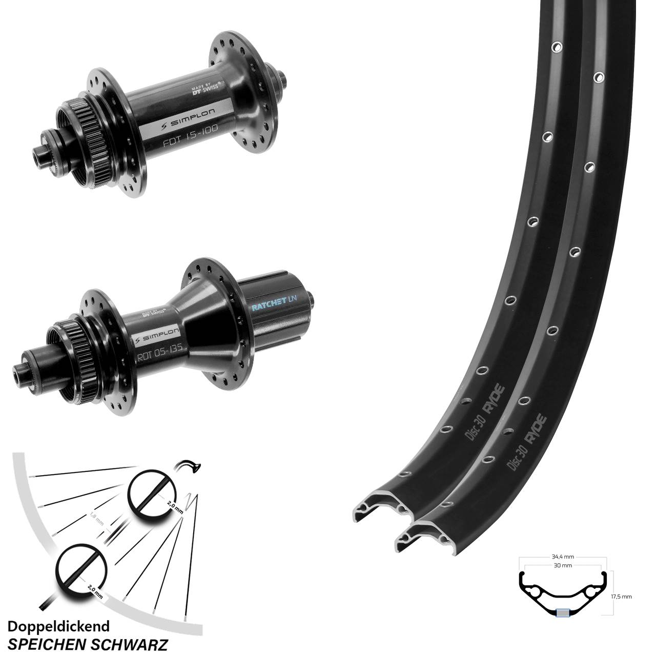 Ryde Disc 30 DT Swiss 370 Hybrid 29 Zoll Laufradsatz für Schnellspanner 8-11 fach