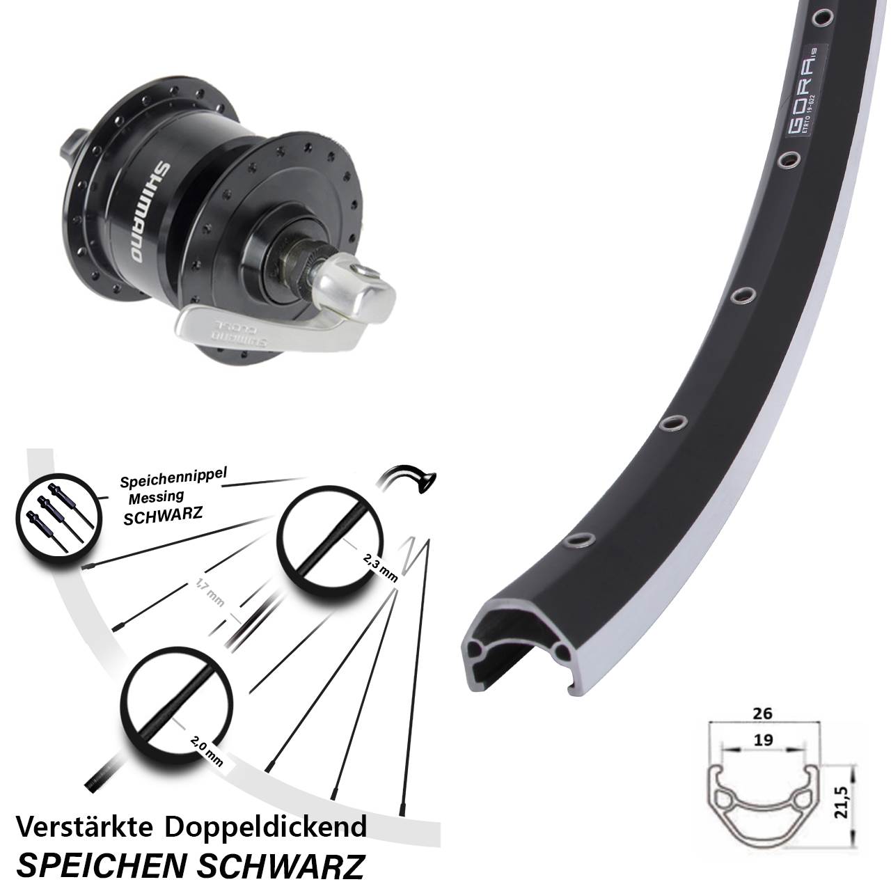 Vorderrad mit Nabendynamo 28 Zoll Gora 19 Shimano DH3N72 QR