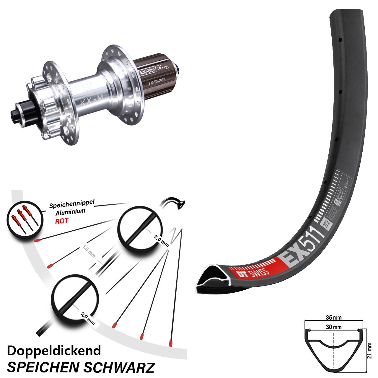 Laufrad 27,5 Zoll DT Swiss EX 511 Disc KX-M 6-Loch 5/135 8-12 fach HG