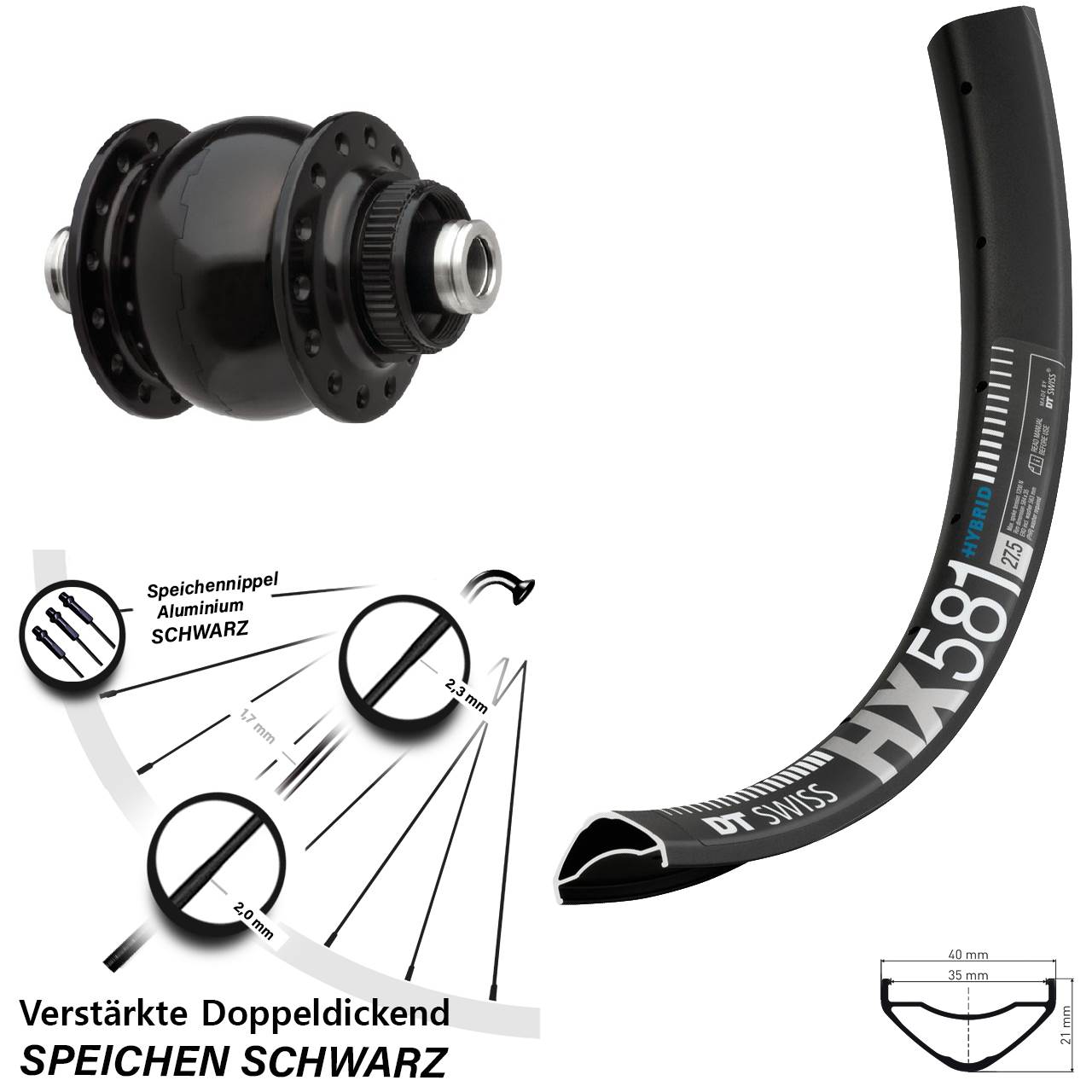 27,5 Zoll DT Swiss HX 581 SON delux Dynamo-Vorderrad Centerlock 12x100