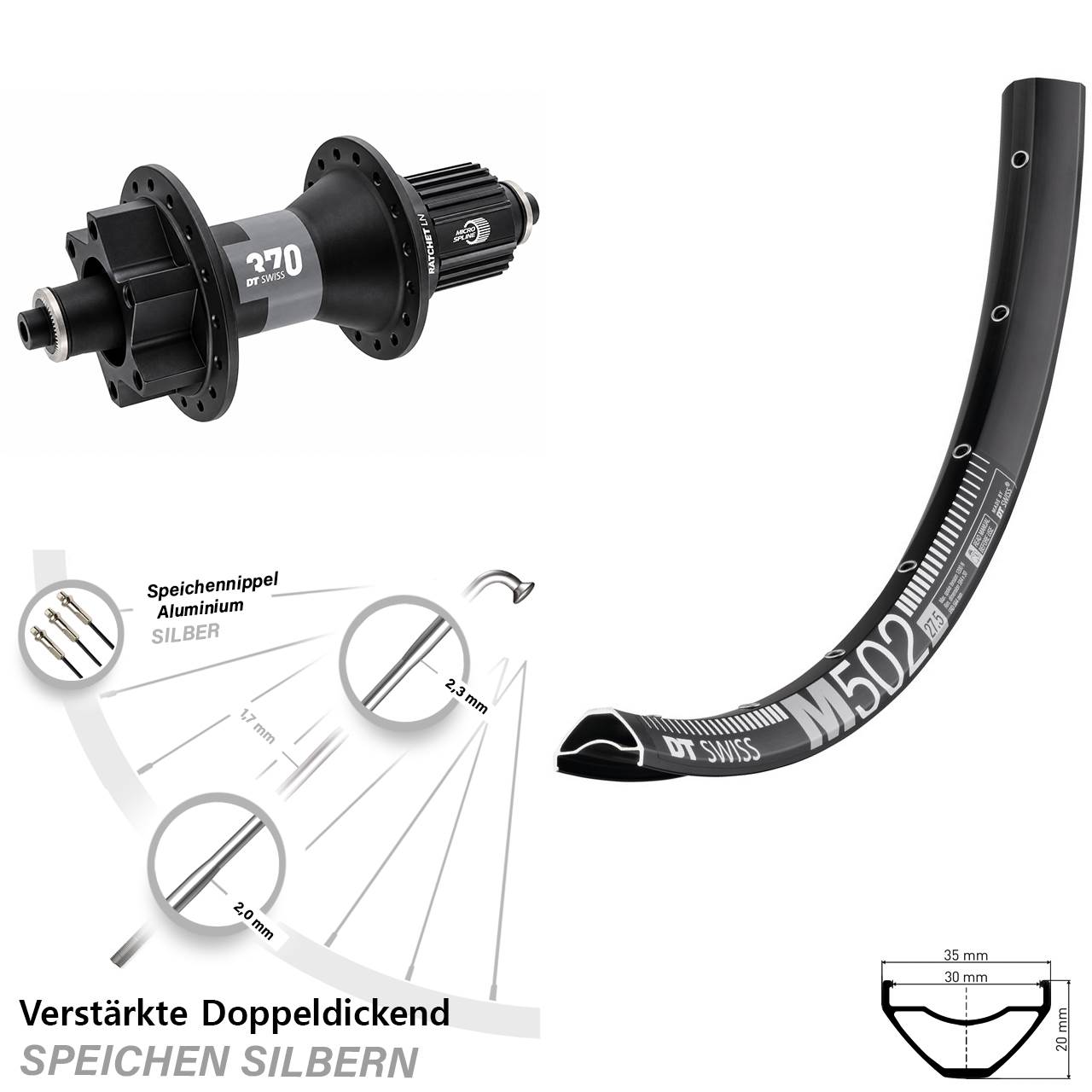 DT Swiss M 502-370 Hybrid 29 Zoll Laufrad für Schnellsp. Shimano Micro Spline