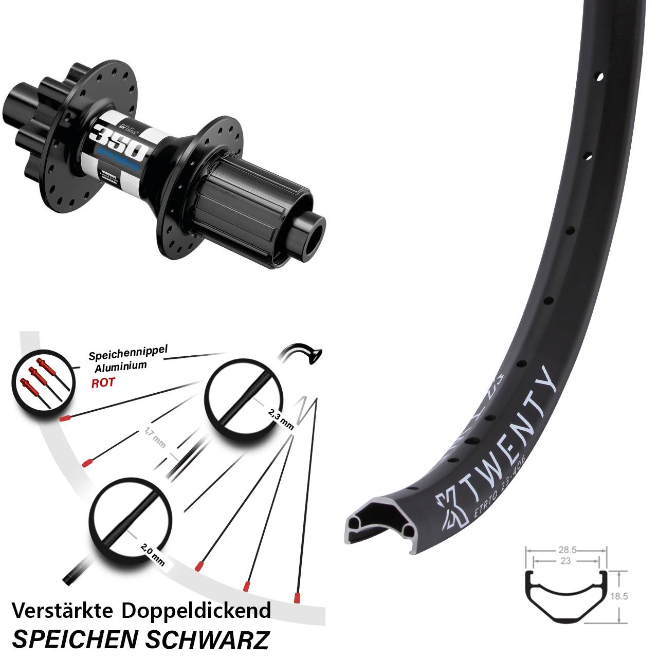 20 Zoll KX Twenty DT Swiss 350 Hybrid Hinterrad 6-Loch 12x148 8-11 fach