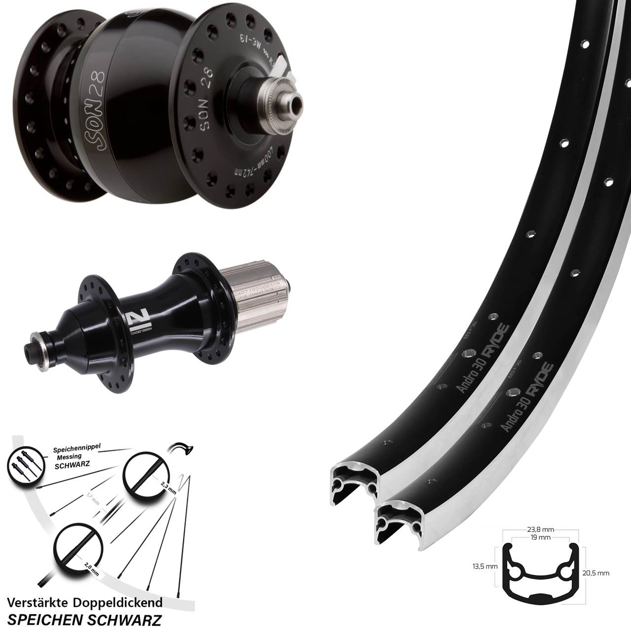 Laufradsatz 26 Zoll Ryde Andra 30 Novatec F162 Heavy Duty SON 28 8-12fach Schnellspanner