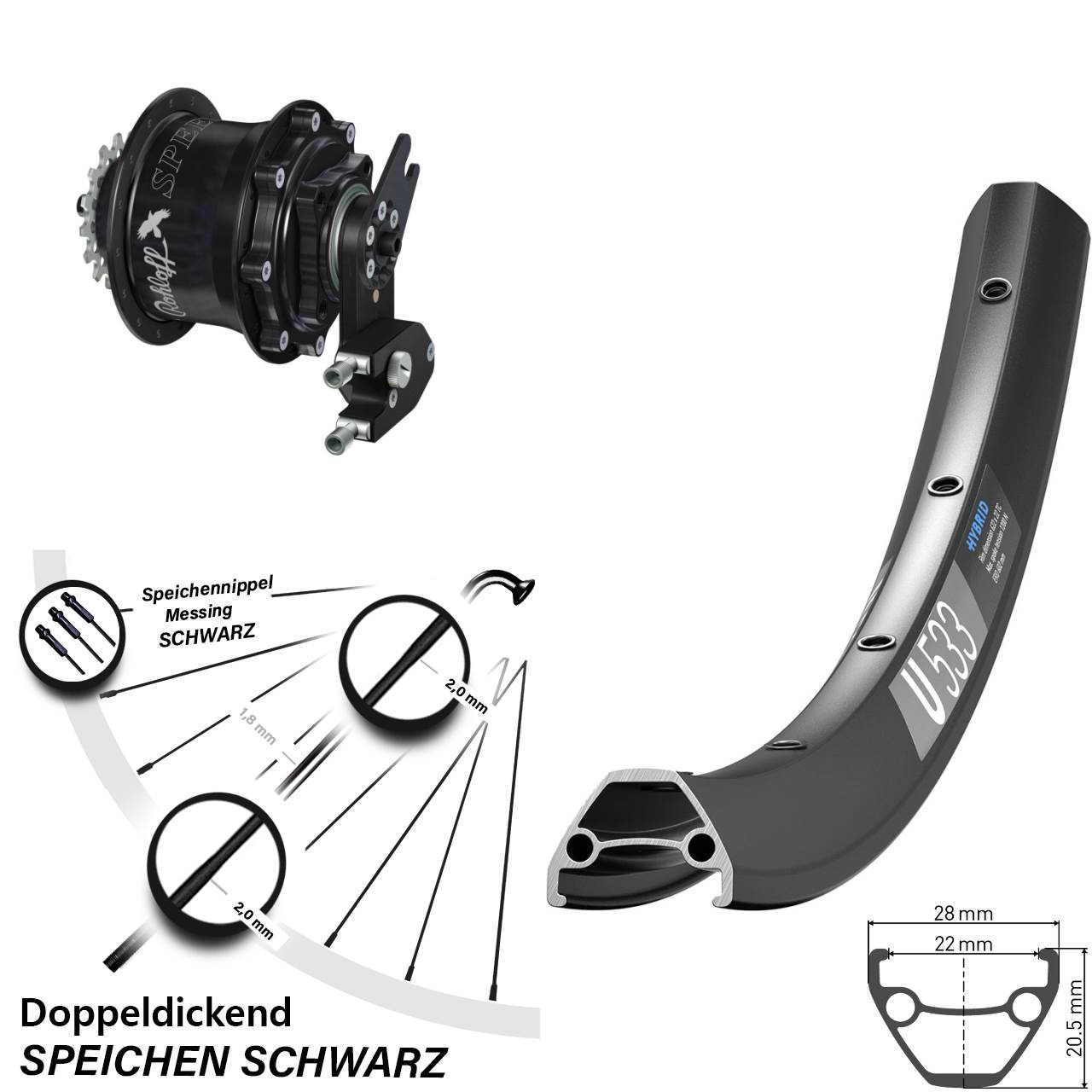 Disc Laufrad 26 Zoll DT Swiss U533 Rohloff CC DB OEM2 Tandem schwarz