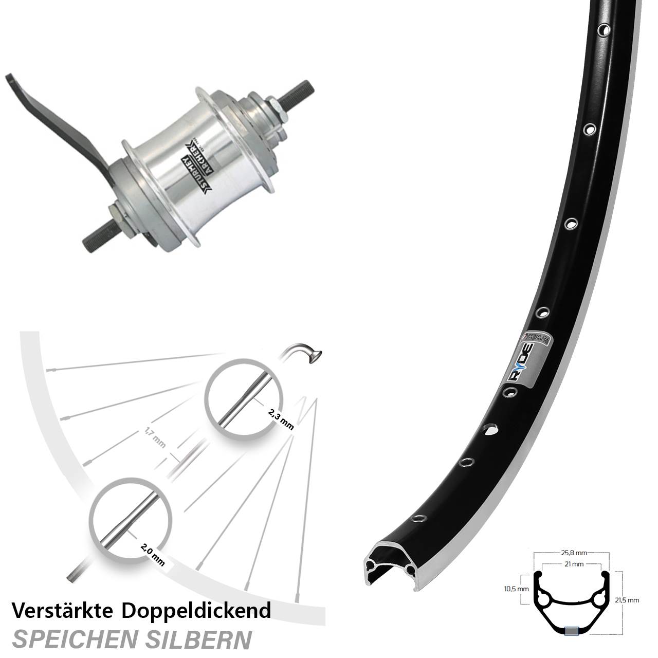 26 Zoll Ryde Zac 421 Sturmey Archer Duomatic Kick-Shift Hinterrad mit Rücktrittbremse