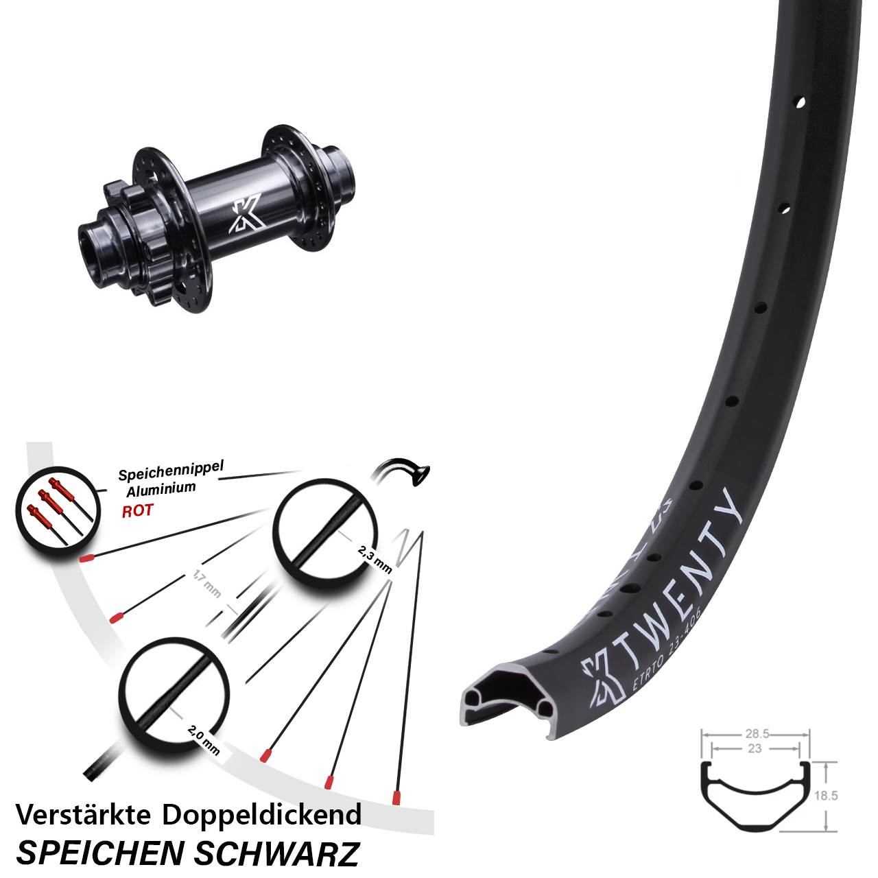 20 Zoll Vorderrad KX Twenty Steckachse 20x110 mm DH alt Non-Boost 6-loch Lastenrad