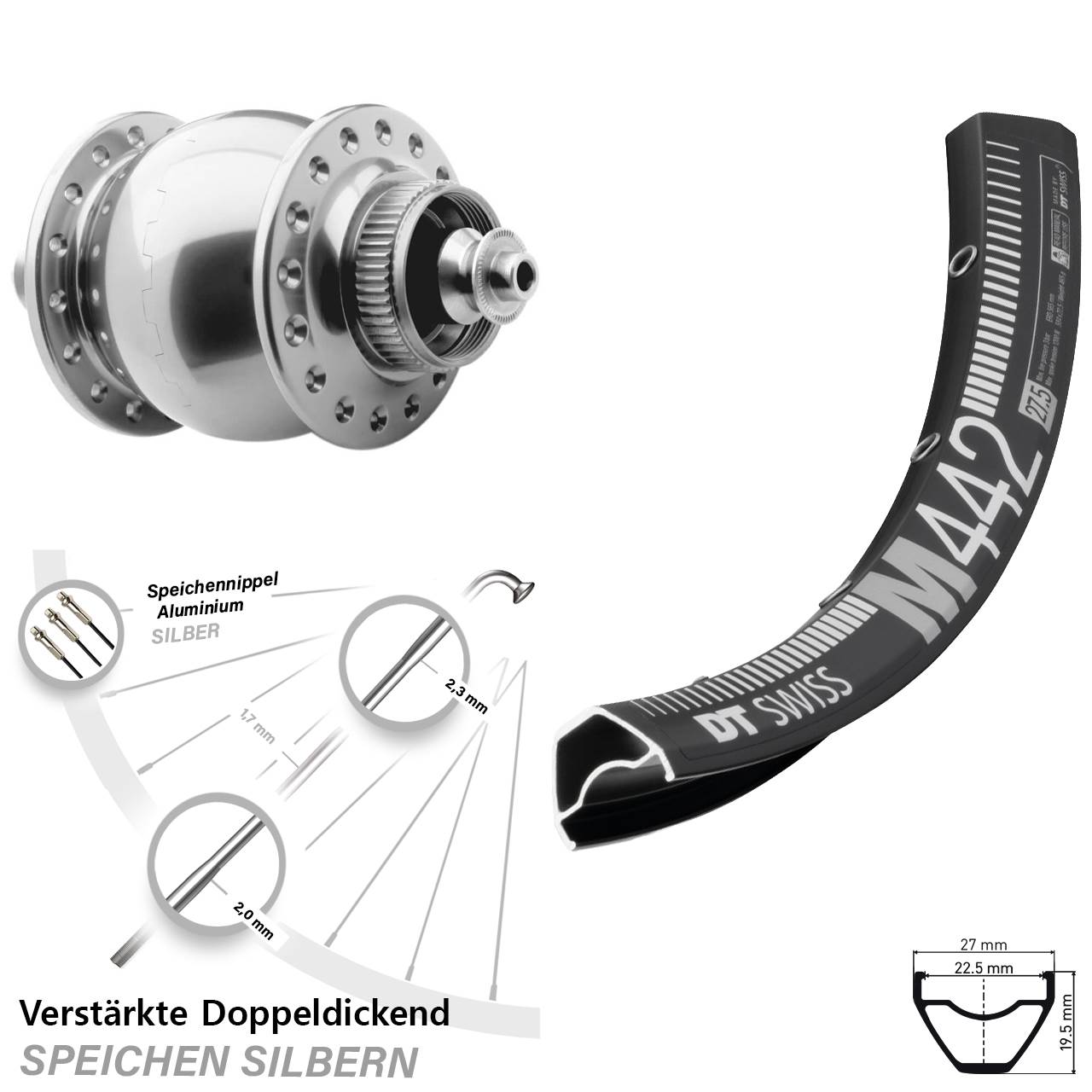SON 28 silbern DT Swiss M 442 28-29 Zoll Disc Laufrad mit Nabendynamo für Schnellspanner