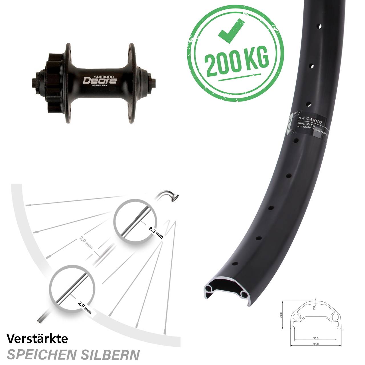 KX Cargo Vorderrad 6-Loch 20 Zoll Shimano Deore HB-M525