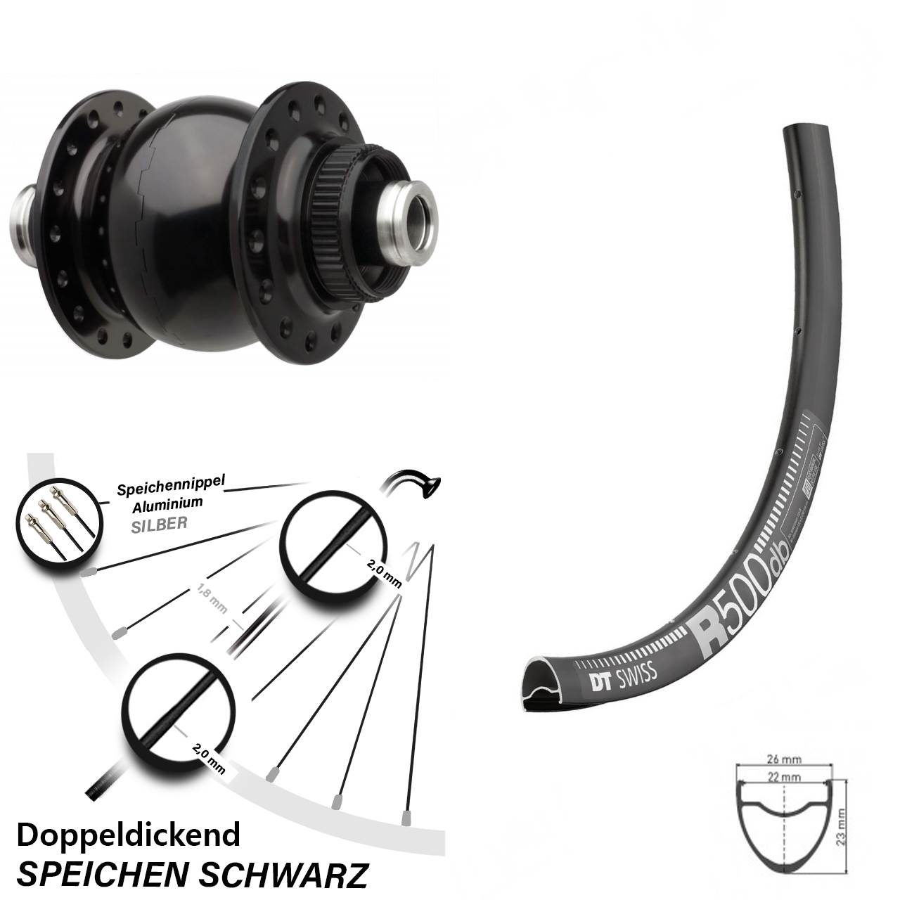 28 Zoll Nabendynamo Vorderrad DT Swiss R 500 mit Son 28-12 Boost Centerlock