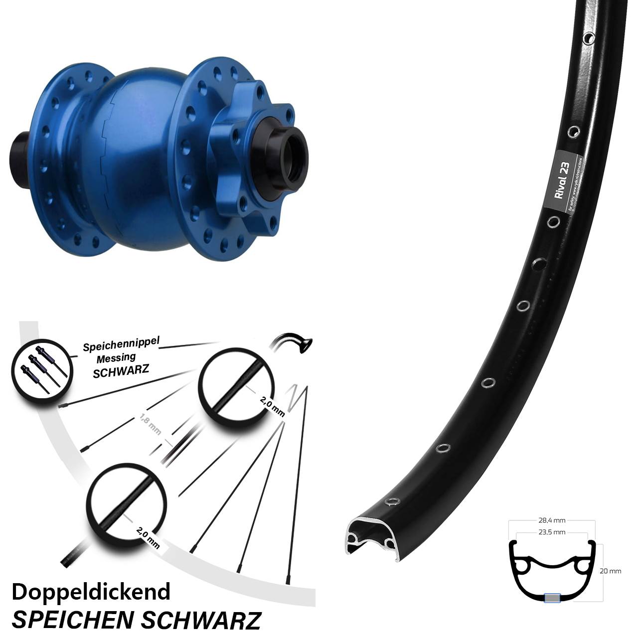 Nabendynamovorderrad 6-Loch 650B Ryde Rival 23 SON 28 blau 15x110 Boost