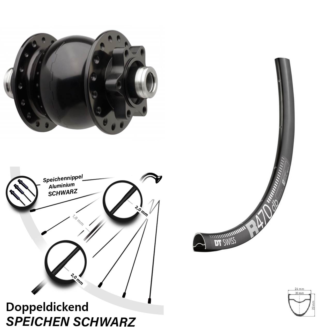 SON 28-12 Dynamo Rennrad DT Swiss R 470 Boost 6-Loch 12x110 mm Vorderrad 28 Zoll schwarz