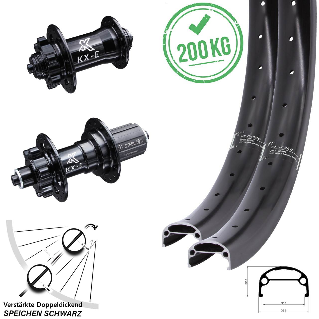 6-Loch Laufradsatz 20/26 Zoll Zoll KX-E Cargo 8-12 fach für Schnellspanner