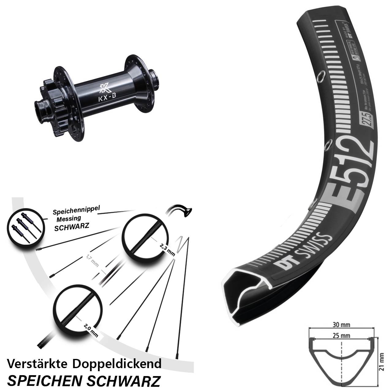 27,5 Zoll DT Swiss E512 KX-B 6-Loch Vorderrad 15x110 Boost