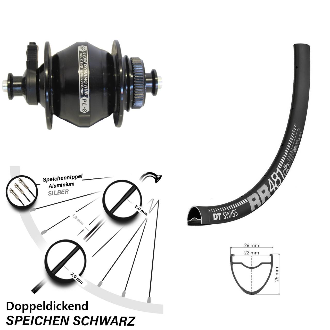 Centerlock Dynamo-Vorderrad QR 28 Zoll DT Swiss RR 481 Shutter PL-8