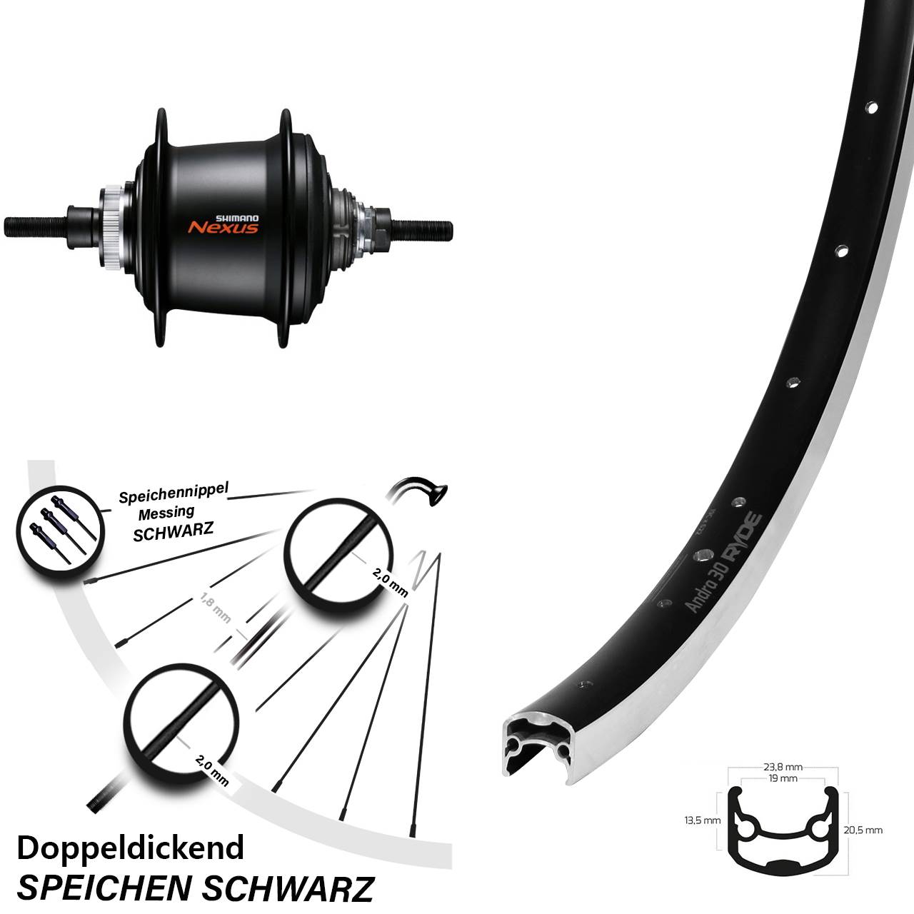 Ryde Andra 30 Hinterrad 28 Zoll Shimano C3001 Nexus 7 Gang