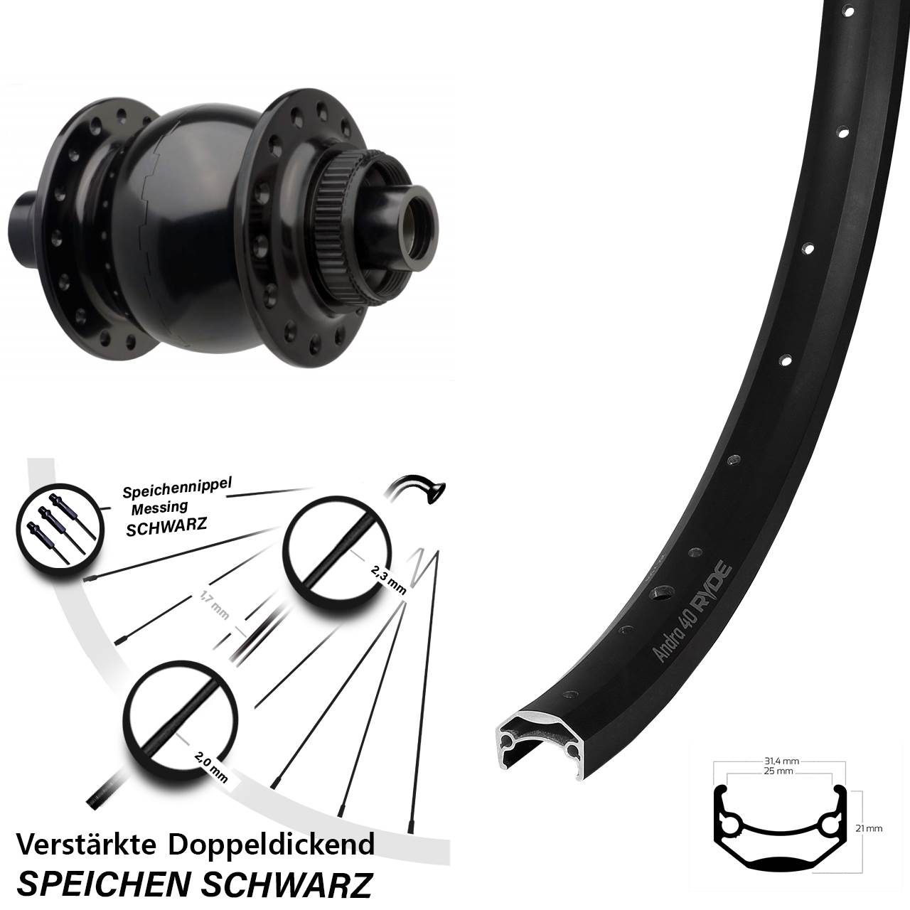 Centerlock Vorderrad mit Dynamo 20 Zoll Ryde Andra 40 SON 28 15x110 Boost