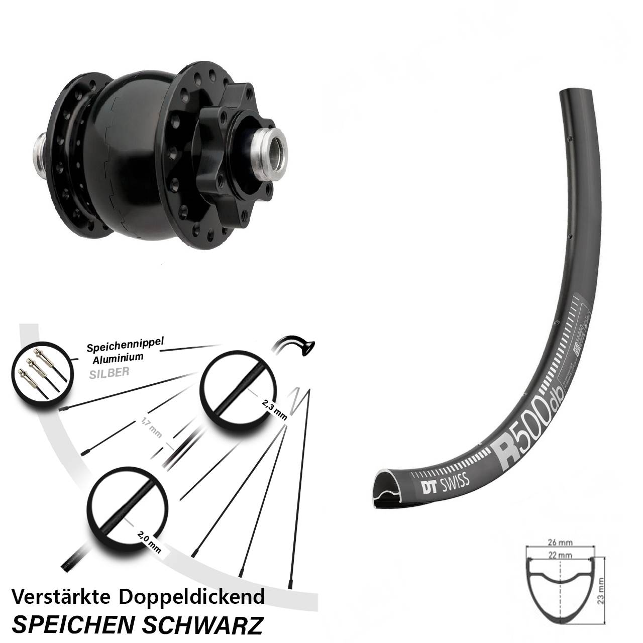 Nabendynamovorderrad 6-Loch 12x100 29 Zoll DT Swiss R500 SON 28