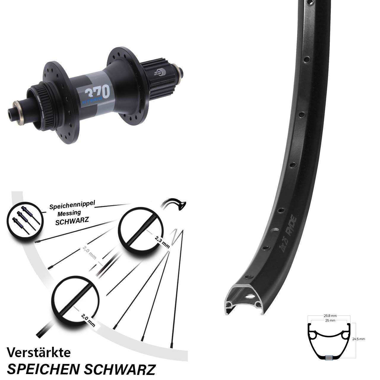 Centerlock Hinterrad 28-29 Zoll Ryde ZAC 25 DT Swiss 370 Hybrid Micro Spline QR Boost