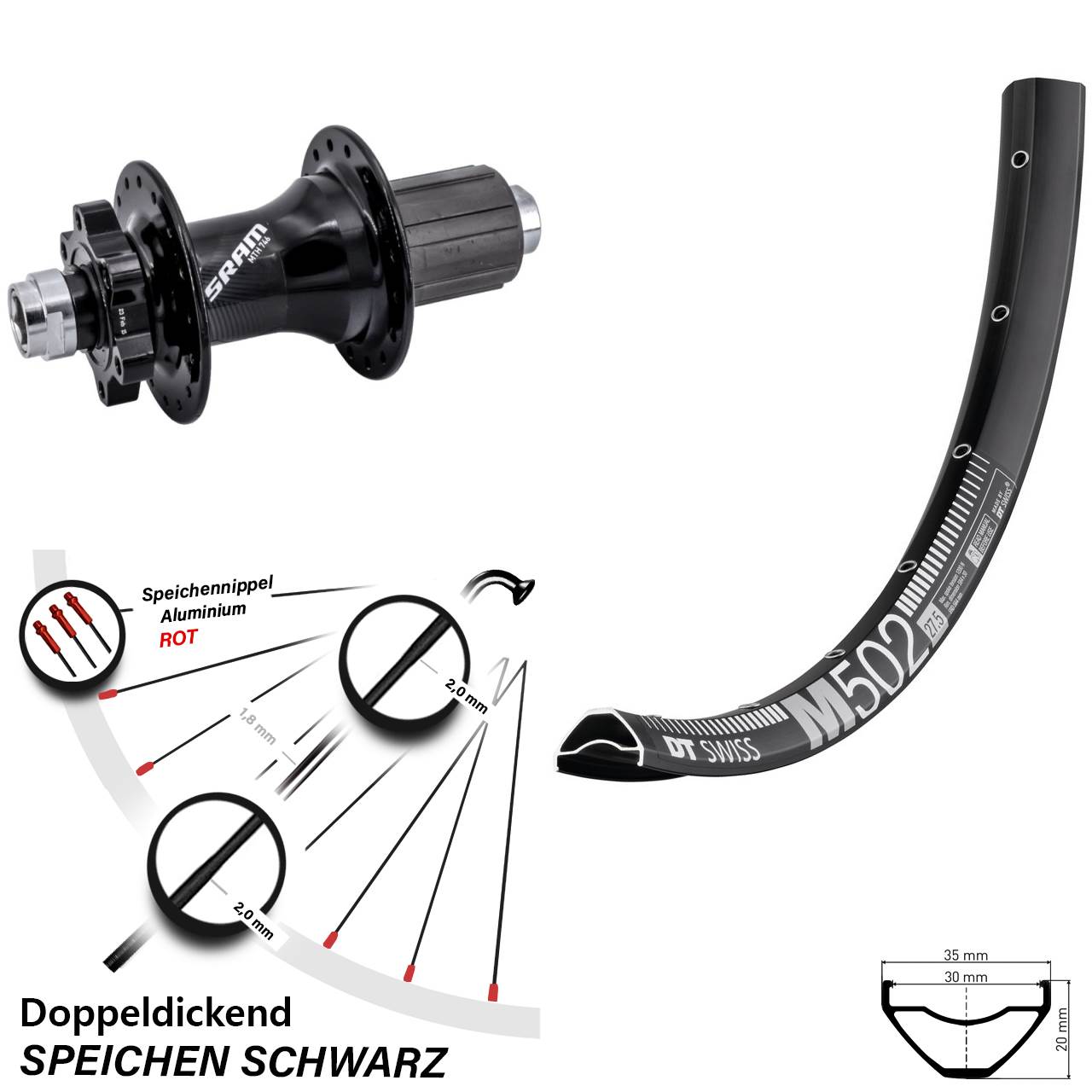 Disc Hinterrad 12x148 27,5 Zoll DT Swiss M 502 Sram 746 8-11 fach HG