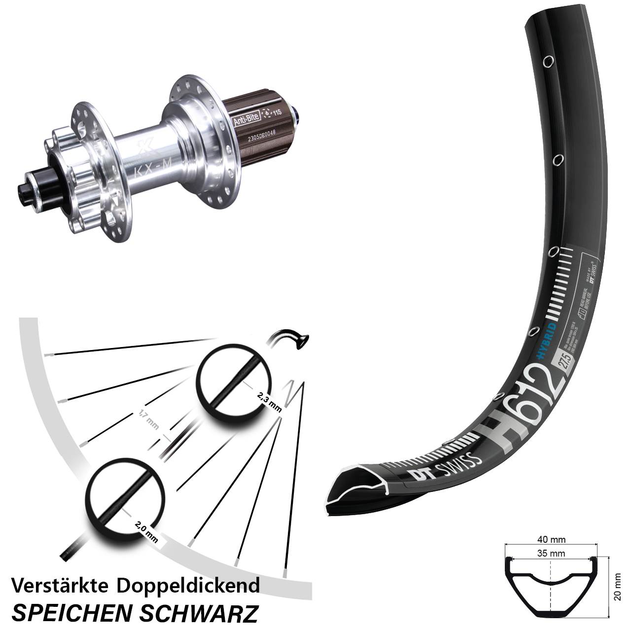 Hinterrad 6-Loch für Schnellspanner 27,5 Zoll DT Swiss H 612 KX-M 8-12 fach