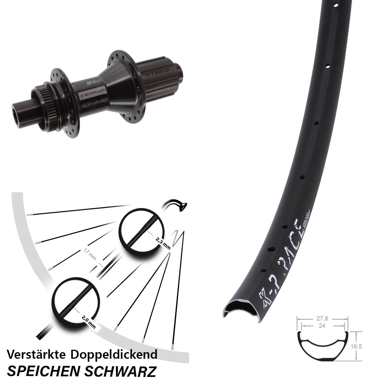 Disc Hinterrad 28 Zoll KX-R Race DT Swiss 370 Hybrid 8-11 fach HG 12x142