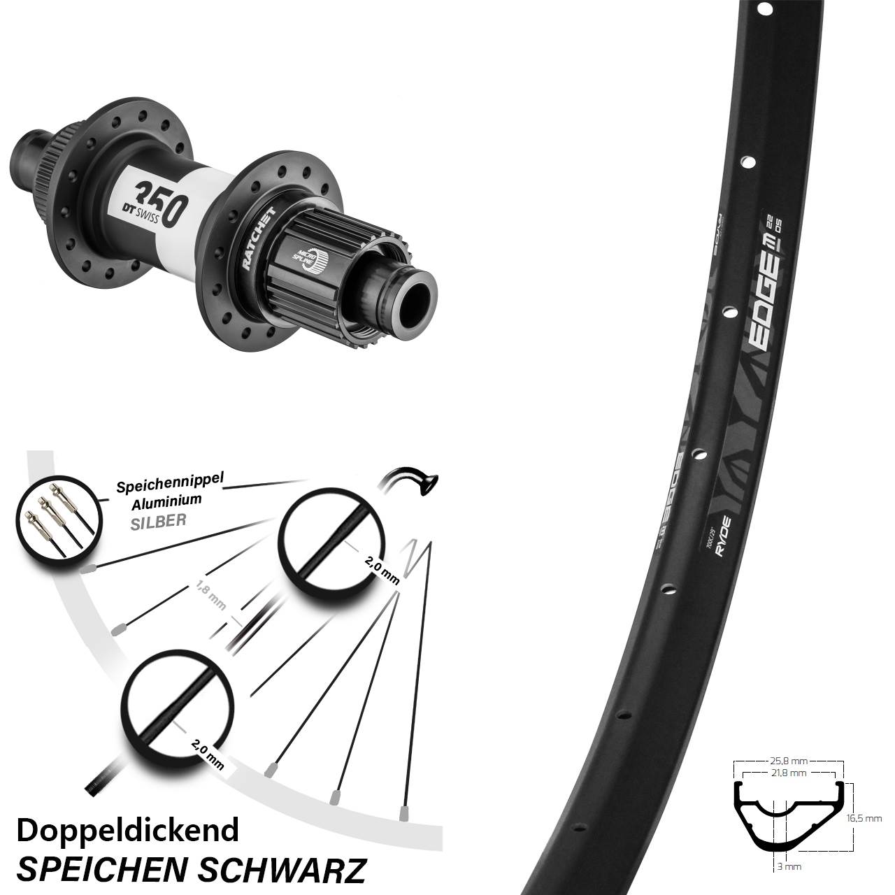 28 Zoll Ryde Edge M22 OS DT Swiss 350 Hinterrad Centerlock 12x142 Micro Spline