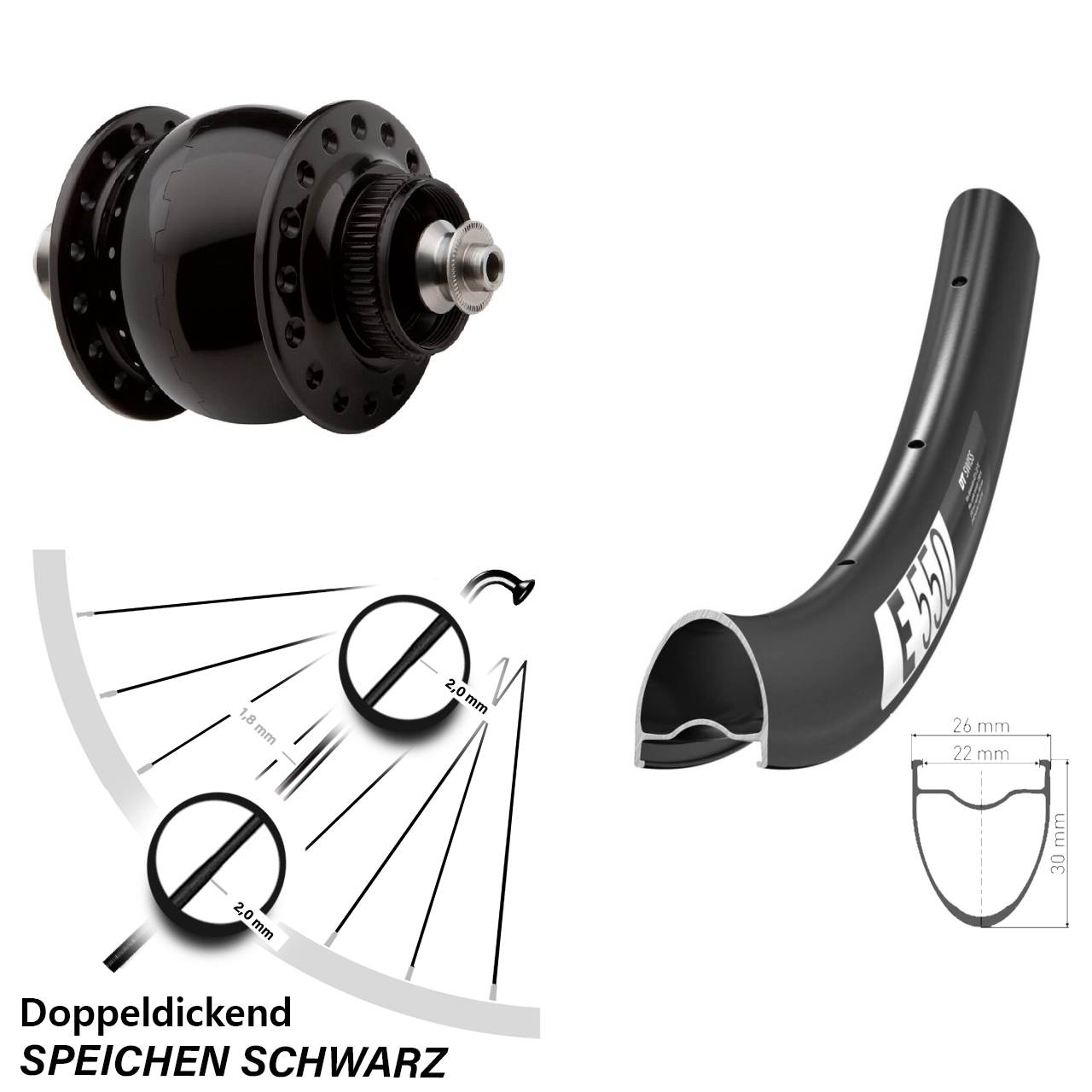 28 Zoll DT Swiss E550 SON 28 Dynamo-Vorderrad Centerlock für Schnellspanner