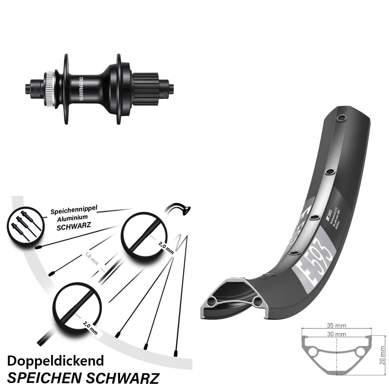 Hinterrad 27,5 Zoll DT Swiss E593 Shimano FH-MT500 5x135 Centerlock Micro Spline