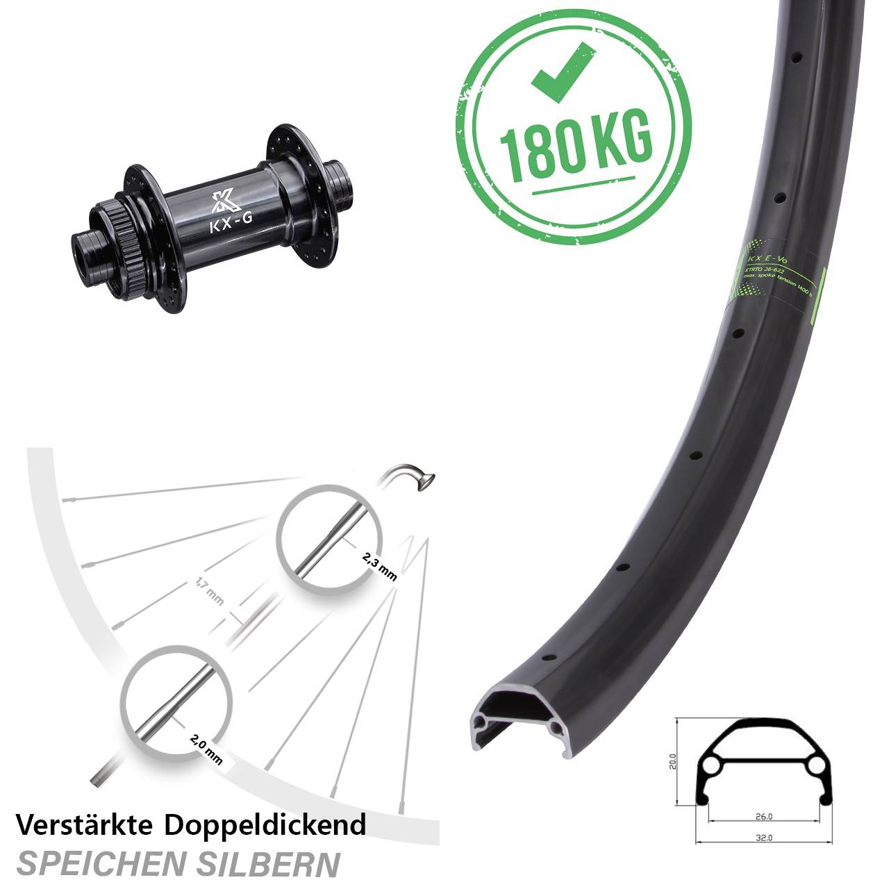 Disc Vorderrad 26 Zoll KX Evo verstärkt Gravel 12x100