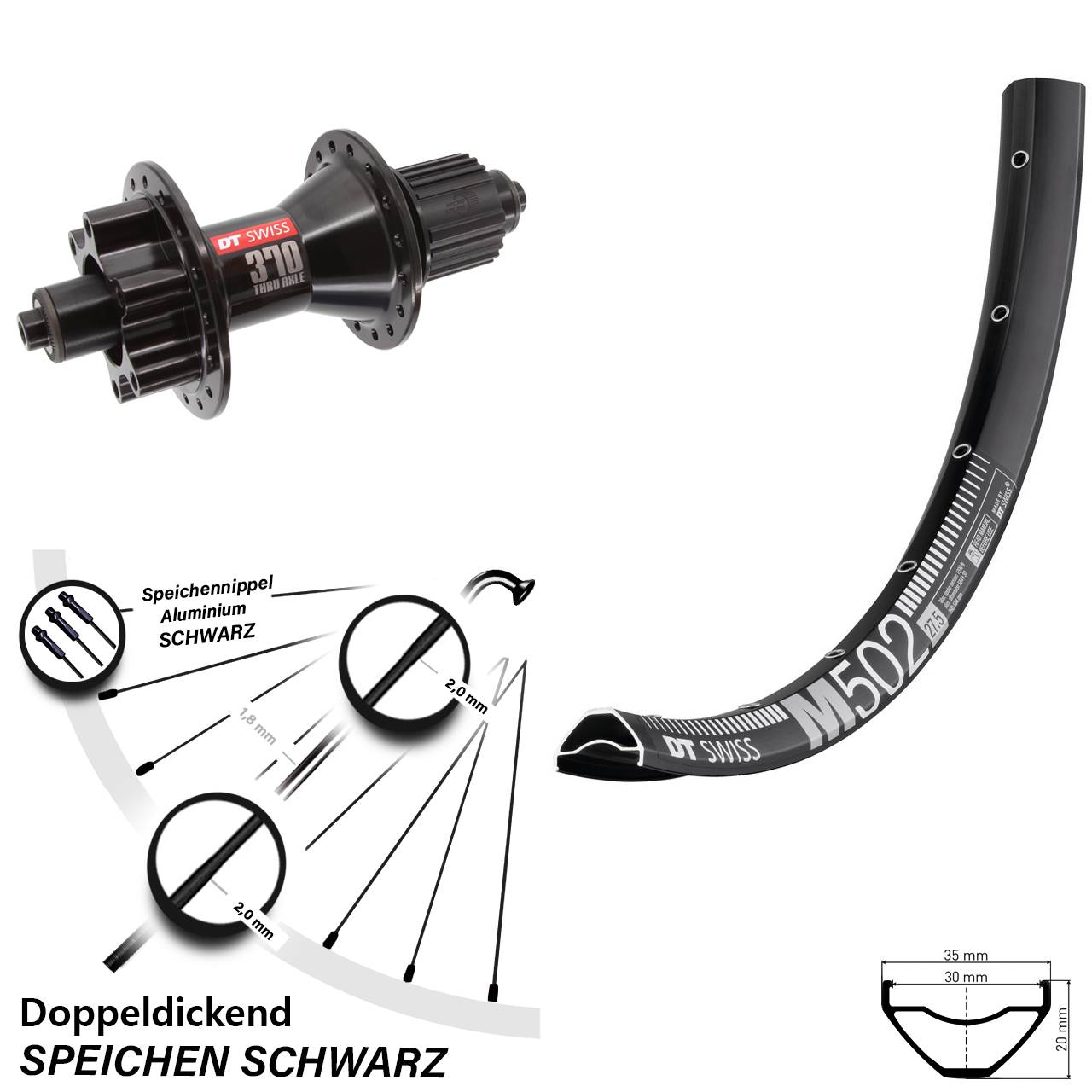 Hinterrad 6-Loch für Schnellspanner 29 Zoll DT Swiss M502-370 Hybrid Micro Spline
