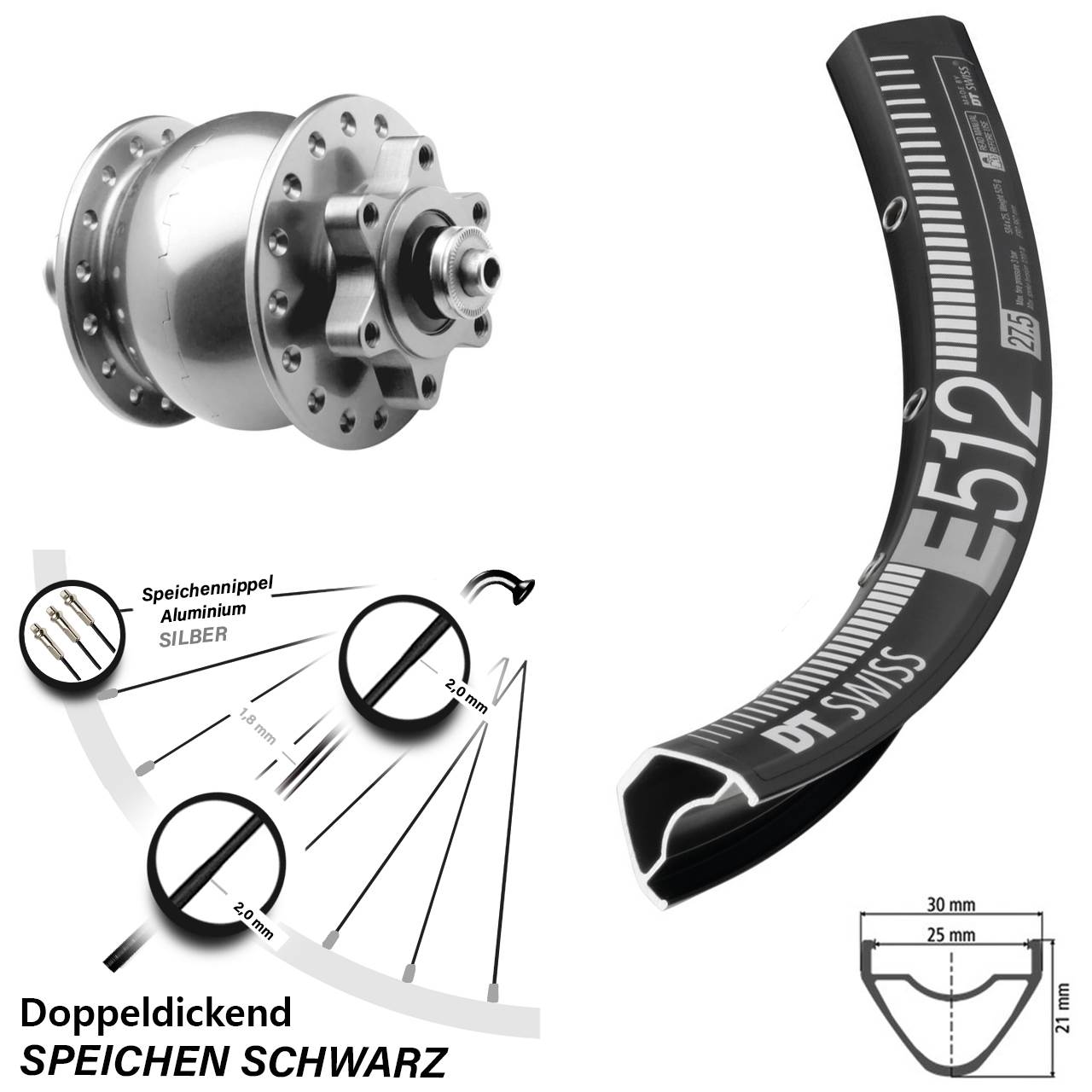 27,5 Zoll DT Swiss E 512 SON 28 6-Loch Nabendynamovorderrad für Schnellspanner