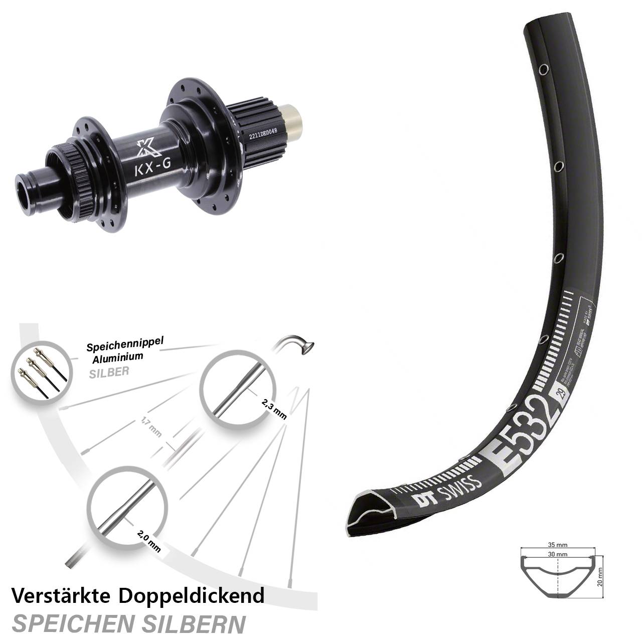 DT Swiss E 532 KX-G Steckachse 29 Zoll Disc Hinterrad 12x142 Shimano Micro Spline