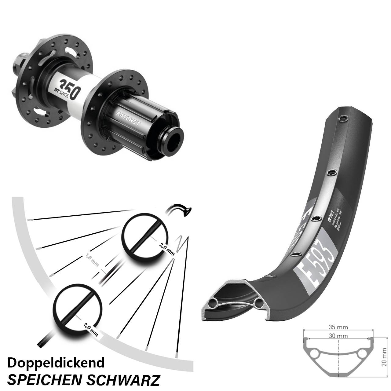 29 Zoll DT Swiss E 593-350 Hinterrad 6-Loch 12x148 8-11 fach