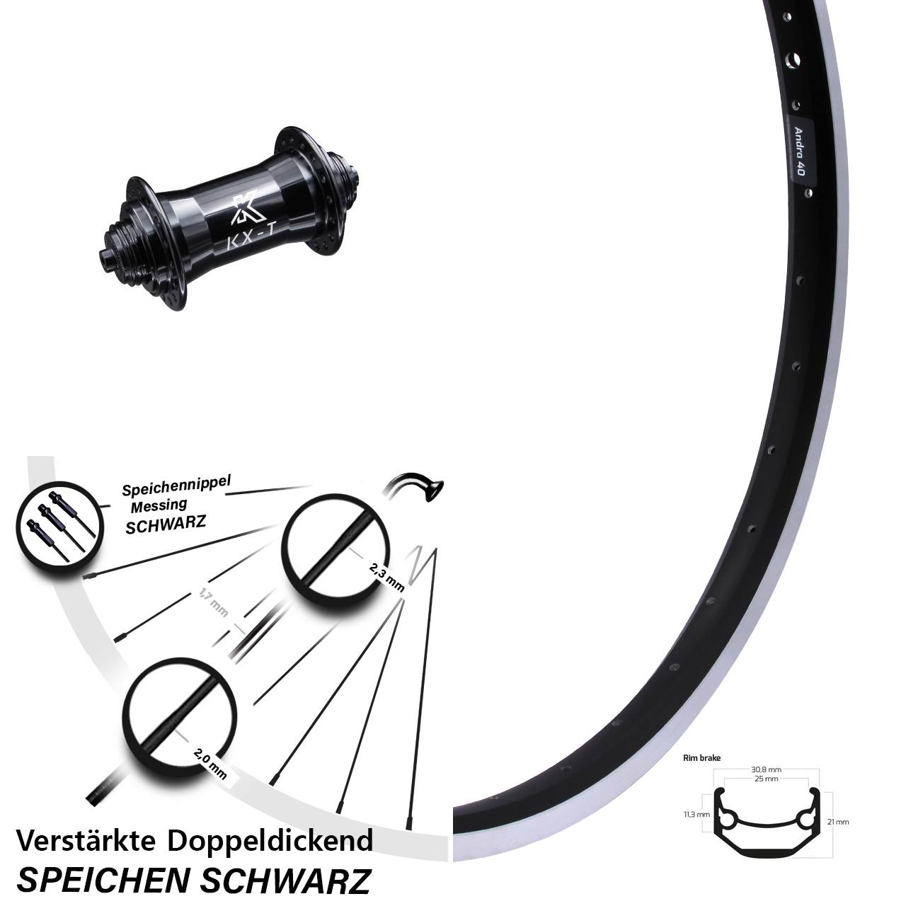 27,5 Zoll Felgenbremse Vorderrad KX-T schwarz doppelt gelagert Ryde Andra 40