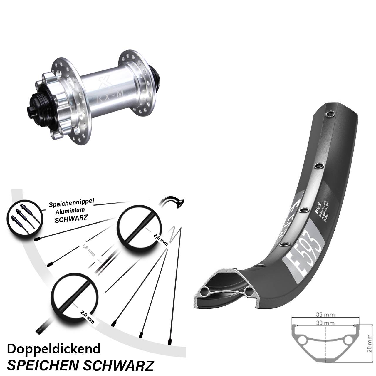 29 Zoll DT Swiss E593 Disc KX-M 6-Loch Vorderrad QR