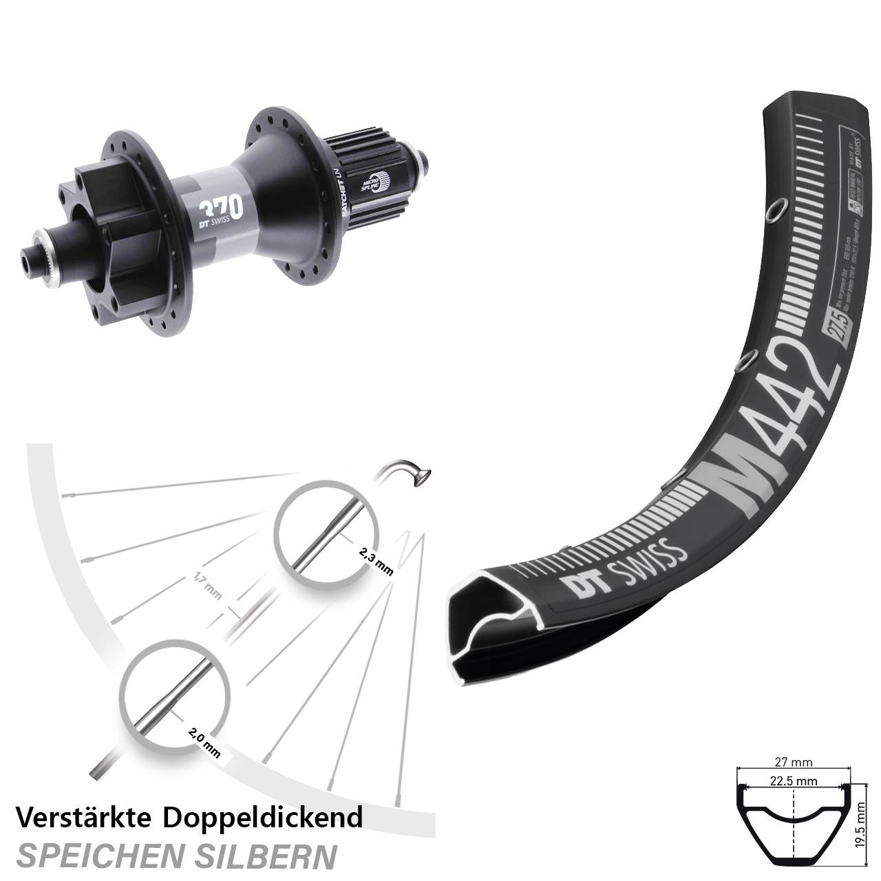 Hinterrad 6-Loch 28-29 Zoll DT Swiss M 442-370 Shimano Micro Spline für Schnellspanner