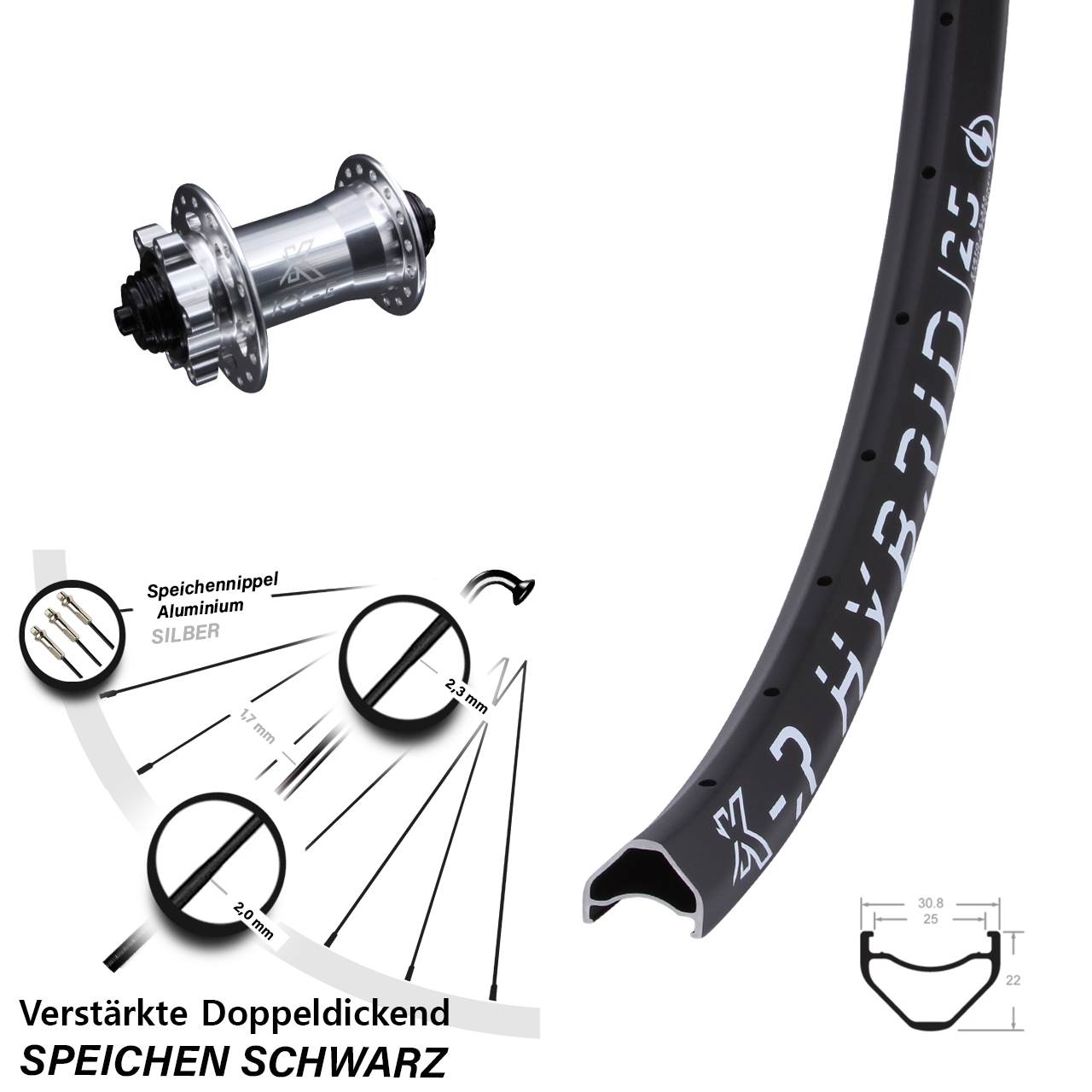 E-Bike 27,5 Zoll KX-R Hybrid 25 verstärkt Disc Vorderrad QR