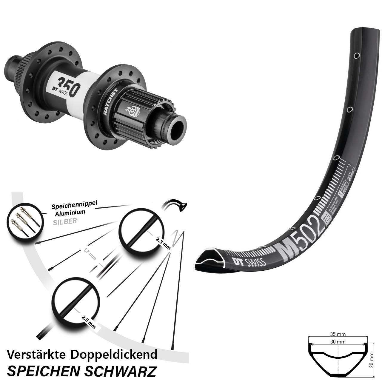 27,5 Zoll DT Swiss M 502-350 Ratchet 36 Hinterrad Centerlock 12x148 Boost Micro Spline