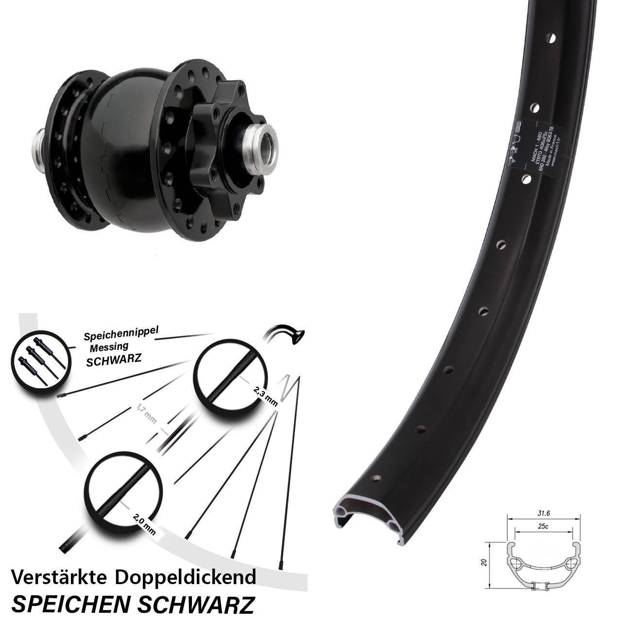 Disc Dynamo-Vorderrad 12x100 20 Zoll Mach1 Kargo SON 28
